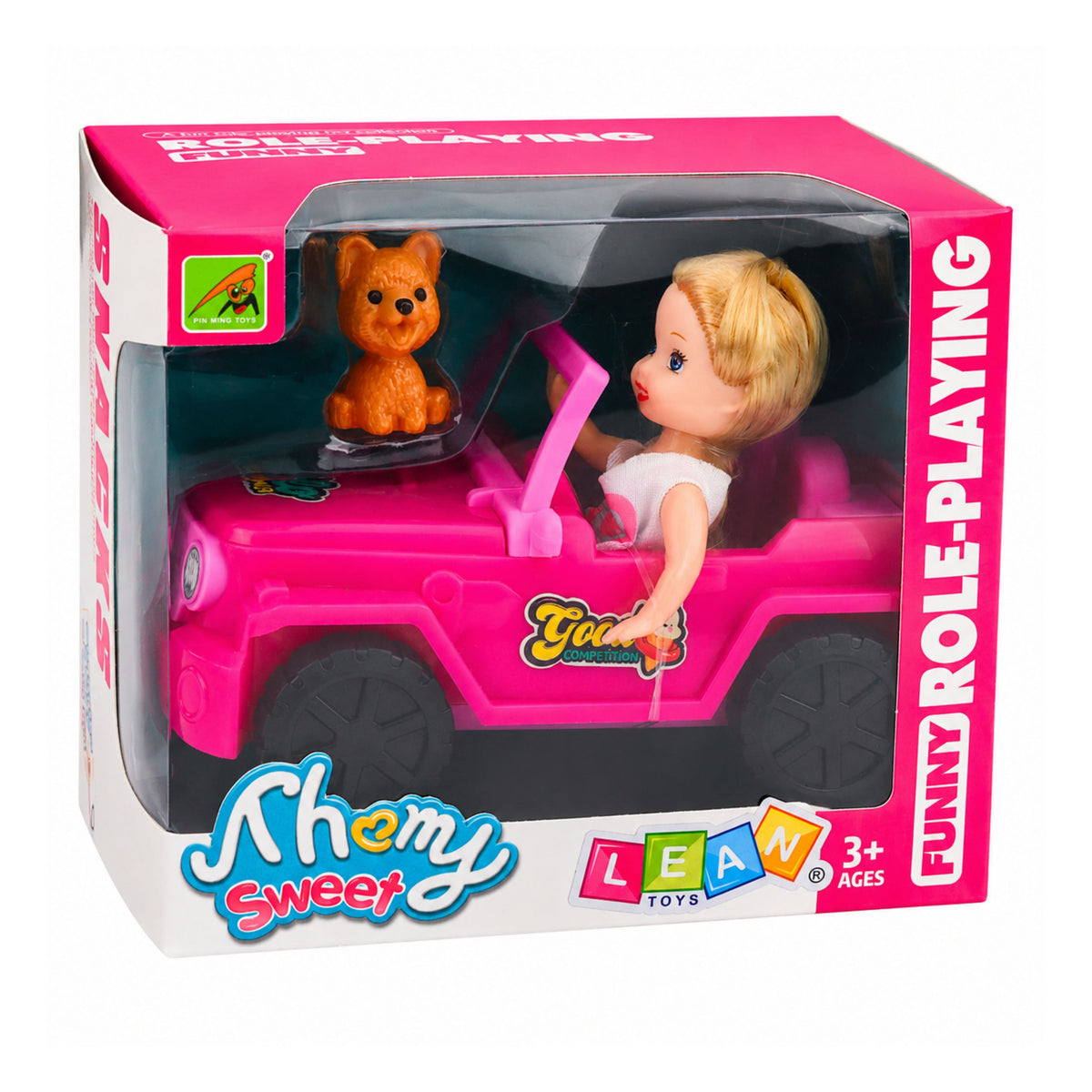 Mini lalka w kabriolecie w samochodzie terenowym z figurką psa