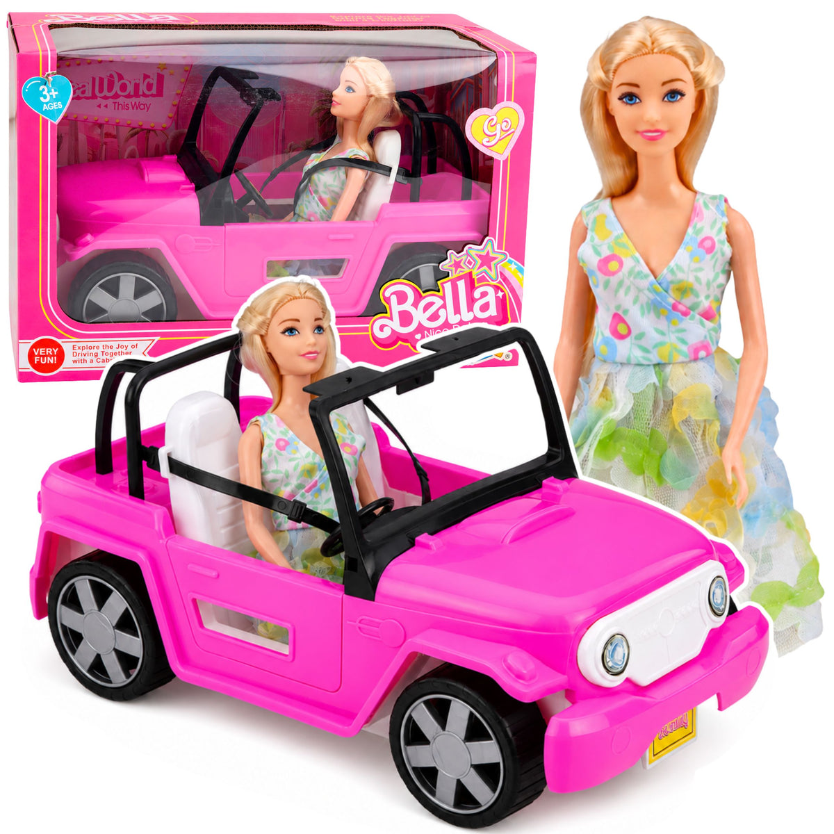 Bella Doll In Colorful Dress Pink Convertible Car Set