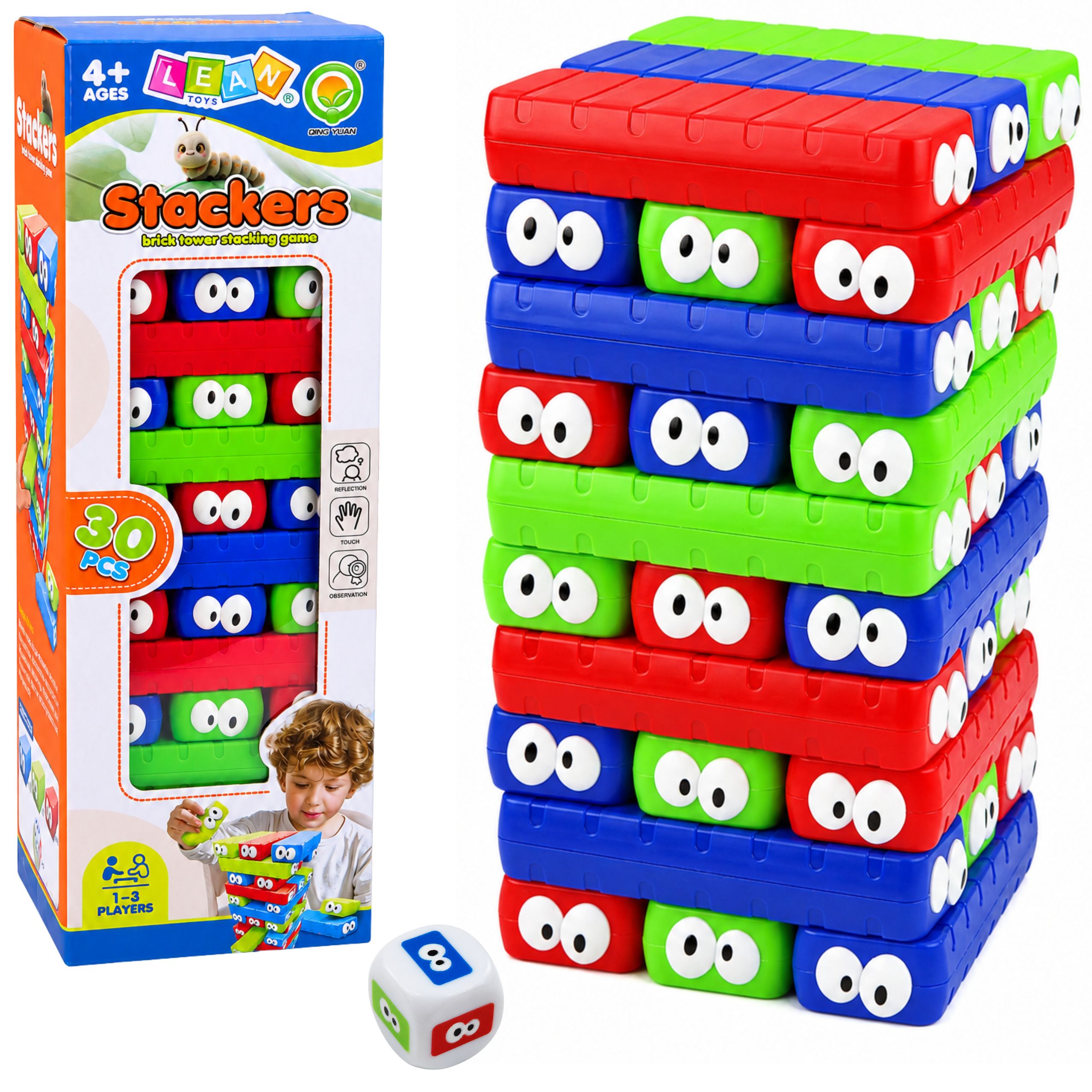 Skill Game Tower Of Blocks With Eyelets Dice Colorful 30 Pcs.