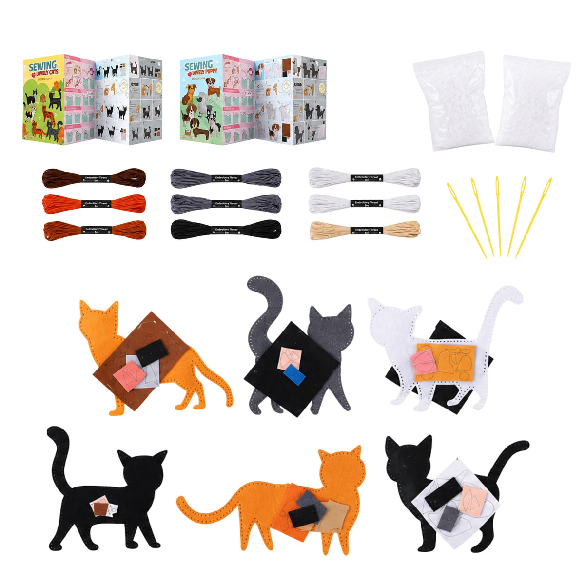 Set creativo di peluche da cucire in feltro di gatti, fai da te, 6 pezzi.