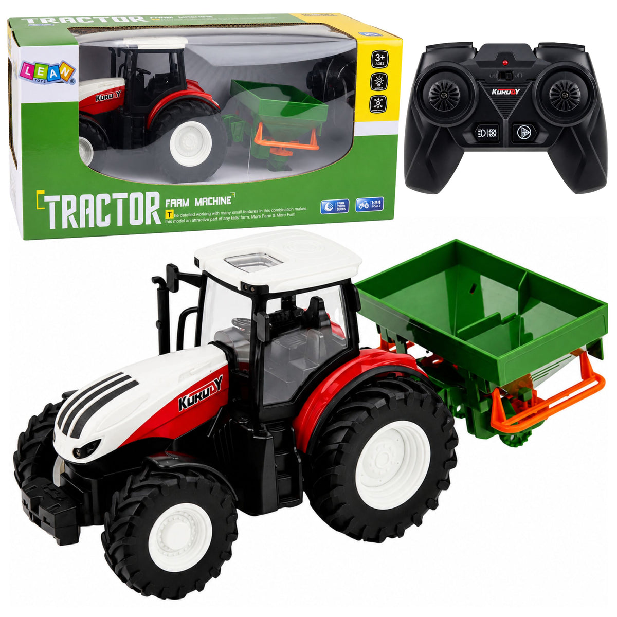 Rc távirányítós mezőgazdasági traktor vetőgép világítással, piros 1:24