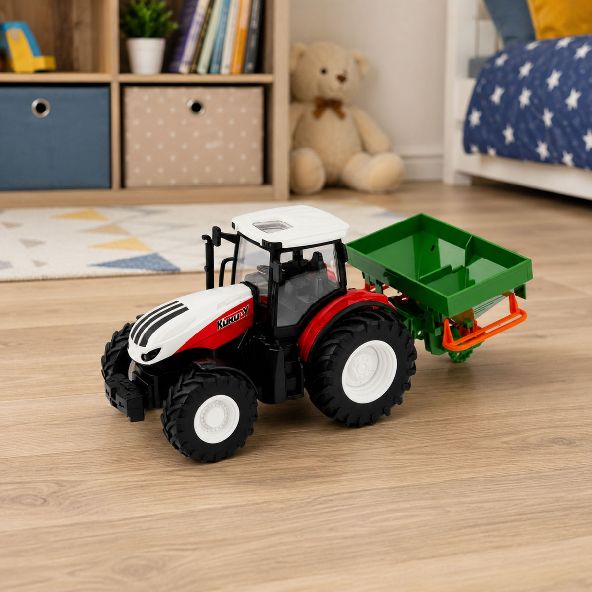 Rc távirányítós mezőgazdasági traktor vetőgép világítással, piros 1:24