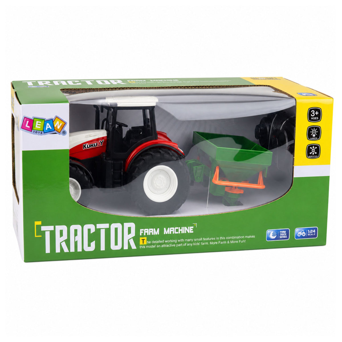 Rc távirányítós mezőgazdasági traktor vetőgép világítással, piros 1:24