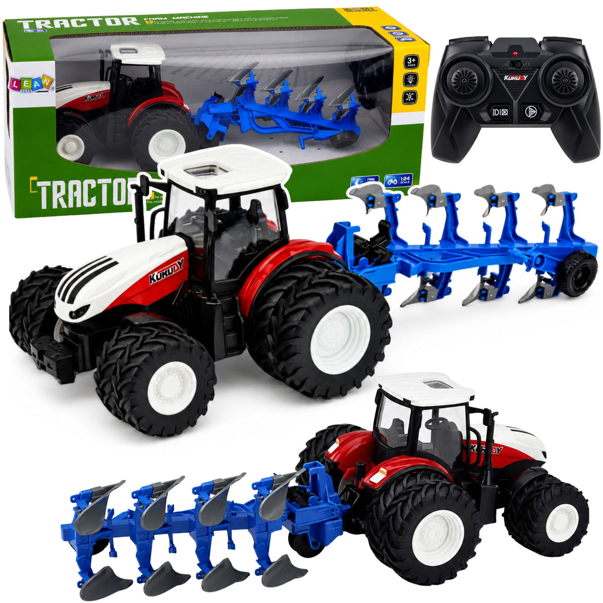 Rc Remote Controlled Agricultural Tractor With Double Furrow Plow Red 1:24