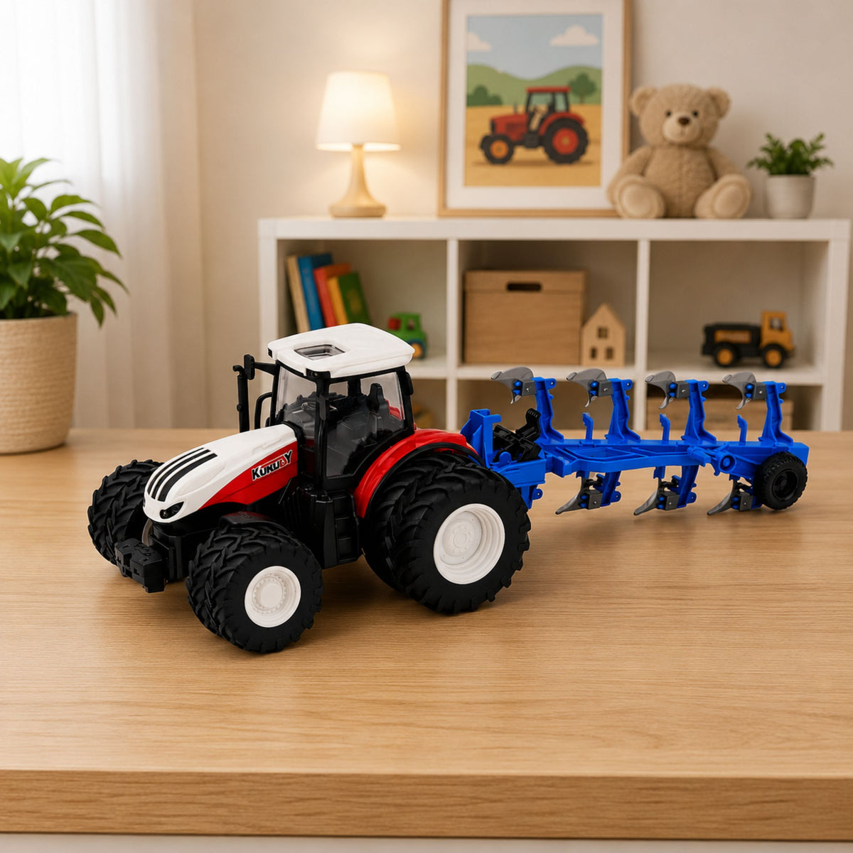 Rc Remote Controlled Agricultural Tractor With Double Furrow Plow Red 1:24