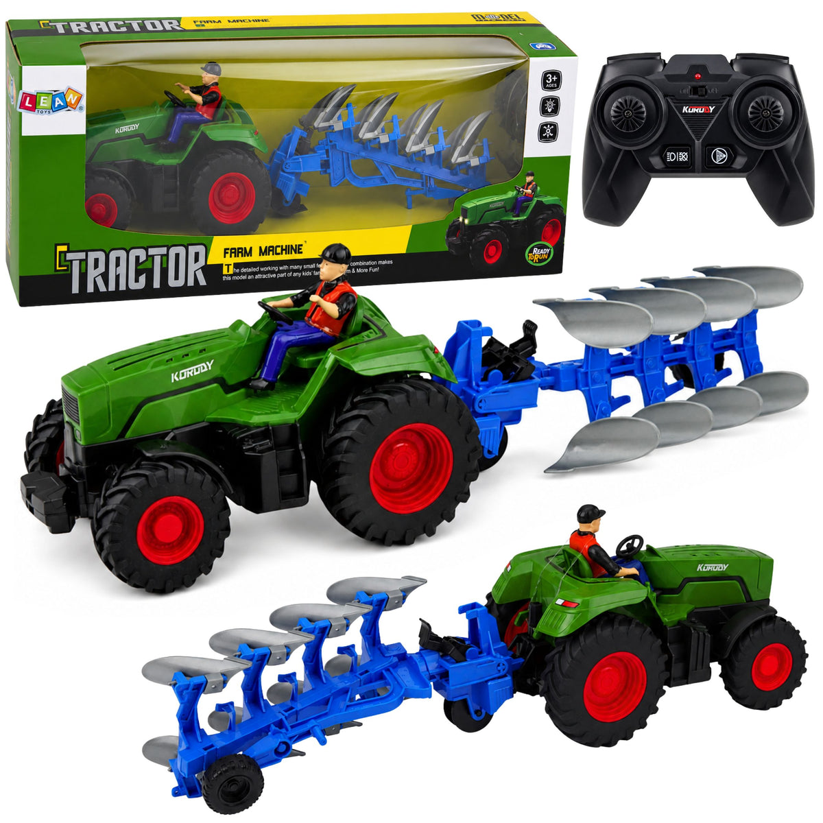 Rc-tractor met ploeg en boer op afstand bestuurbare verlichting Groen 1:24