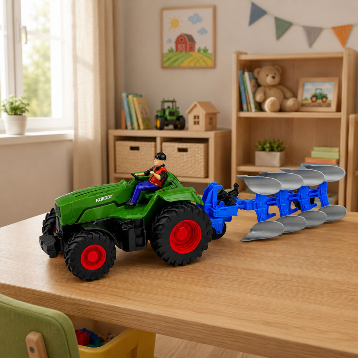 Rc-tractor met ploeg en boer op afstand bestuurbare verlichting Groen 1:24