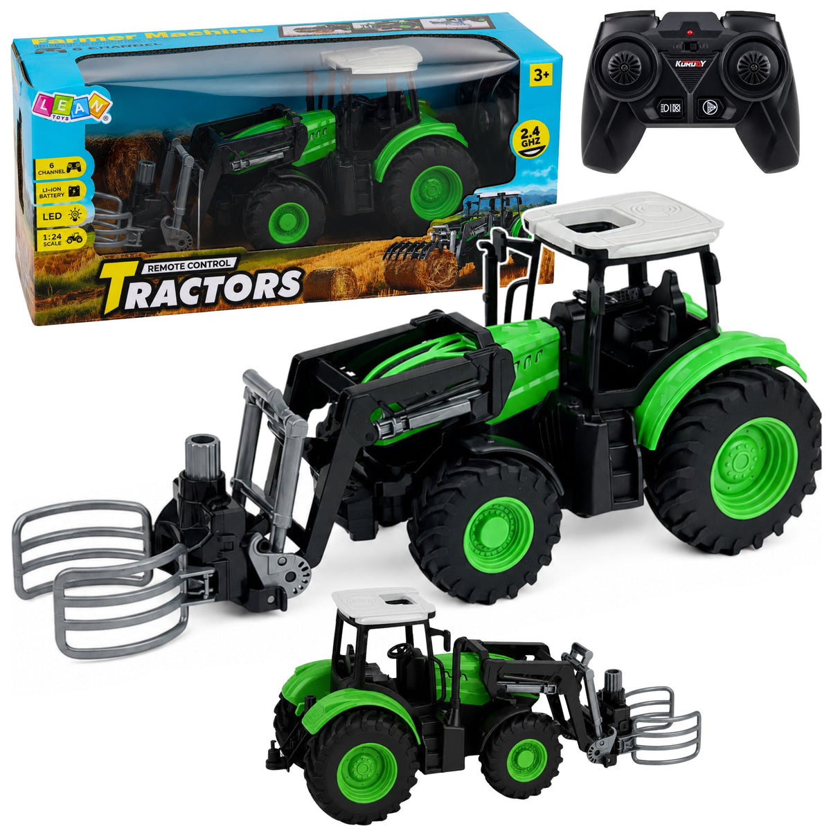 Rc traktor s uchopovačem balíků dálkově ovládaná světla zelená 1:24