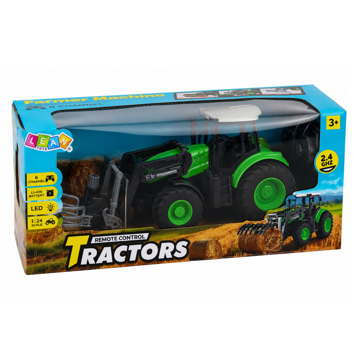 Rc traktor s uchopovačem balíků dálkově ovládaná světla zelená 1:24