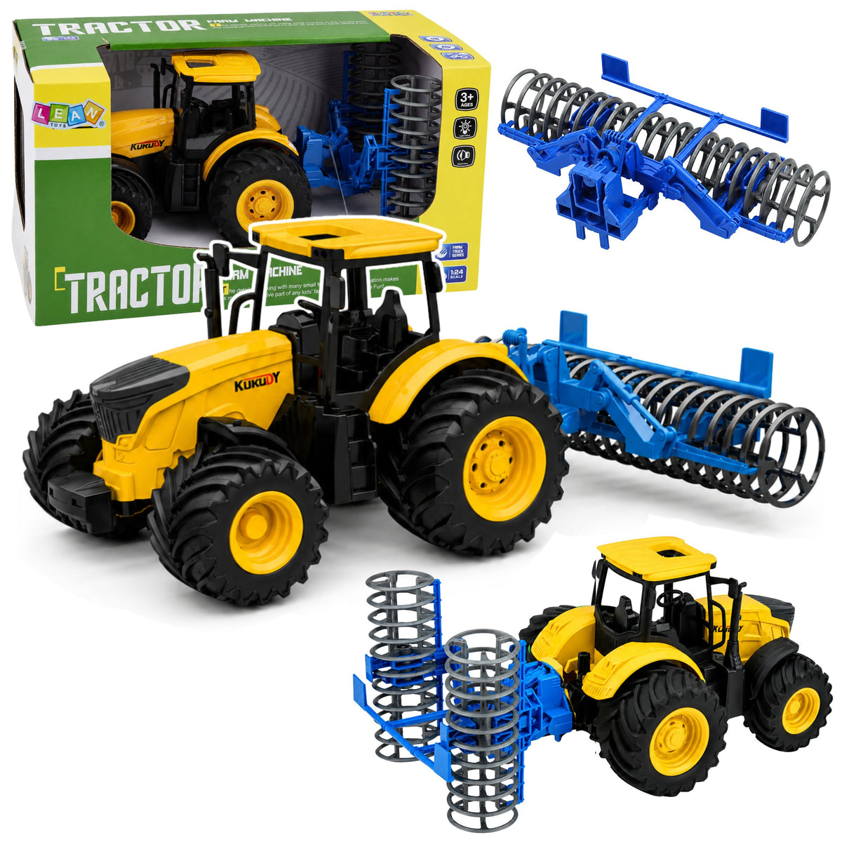 Agricultural Farm Tractor With Roller Lights Sounds Yellow 1:24