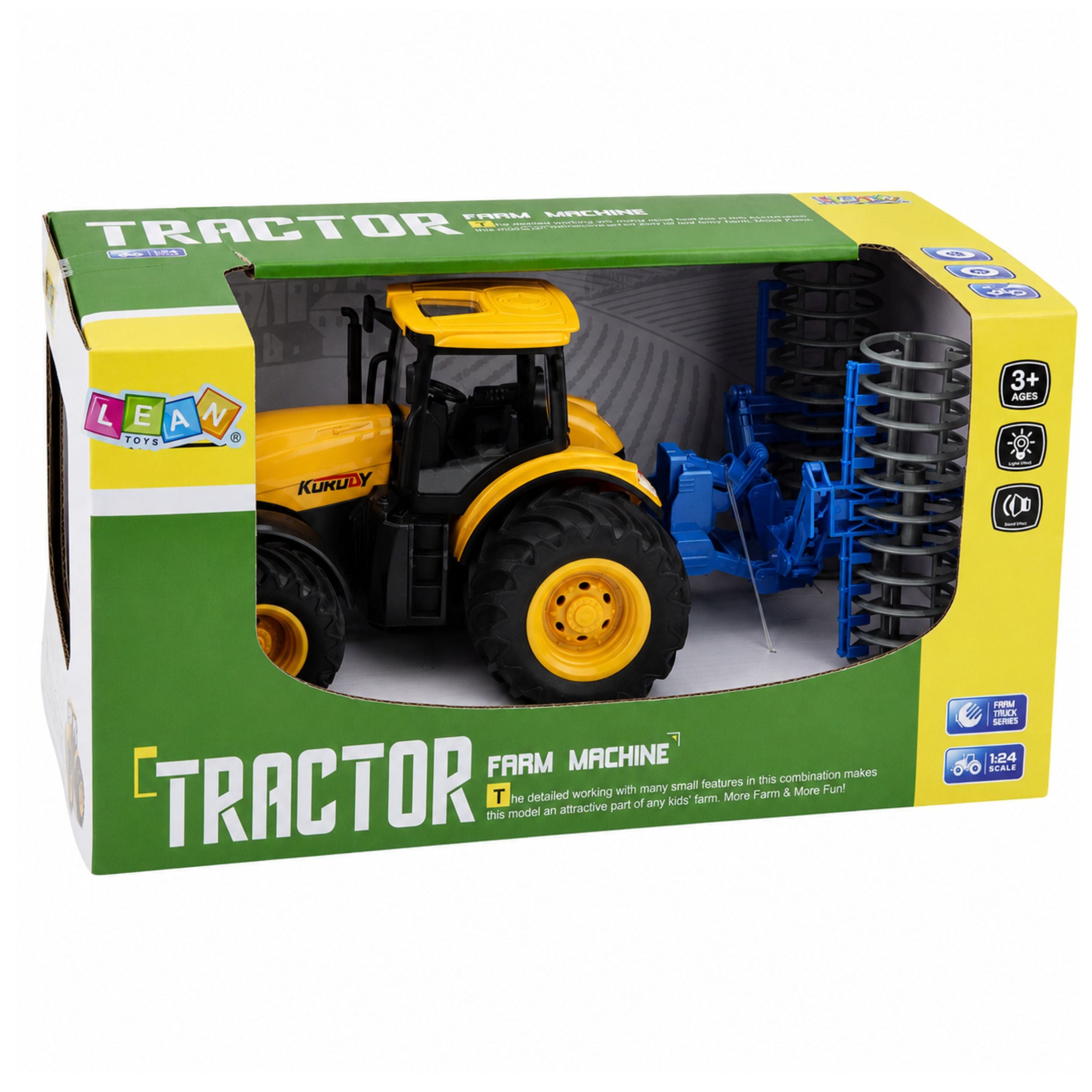 Agricultural Farm Tractor With Roller Lights Sounds Yellow 1:24