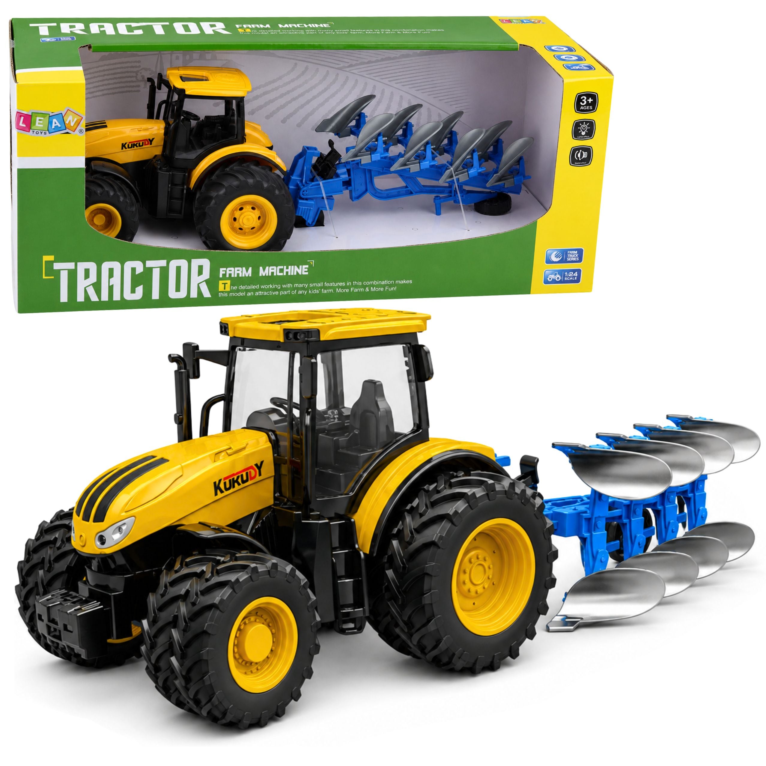Agricultural Tractor With Multi-furrow Plow Lights Sounds Yellow 1:24