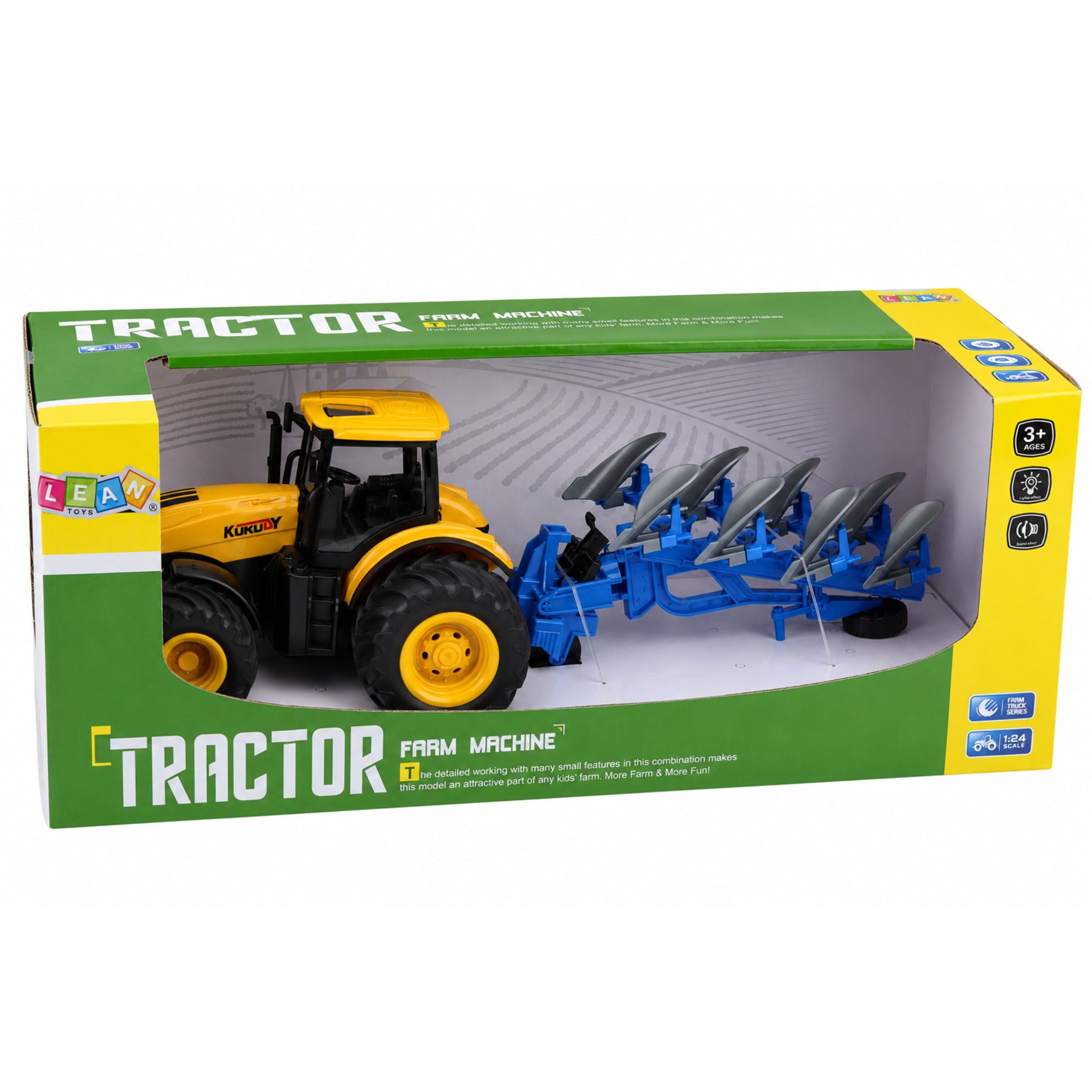 Agricultural Tractor With Multi-furrow Plow Lights Sounds Yellow 1:24