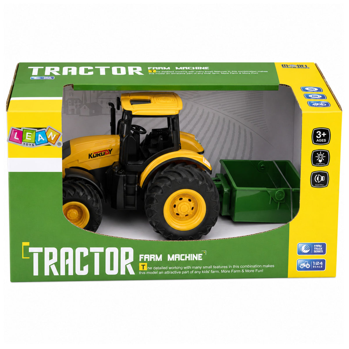 Agricultural Farm Tractor With Fertilizer Spreader Lights Sound Yellow 1:24