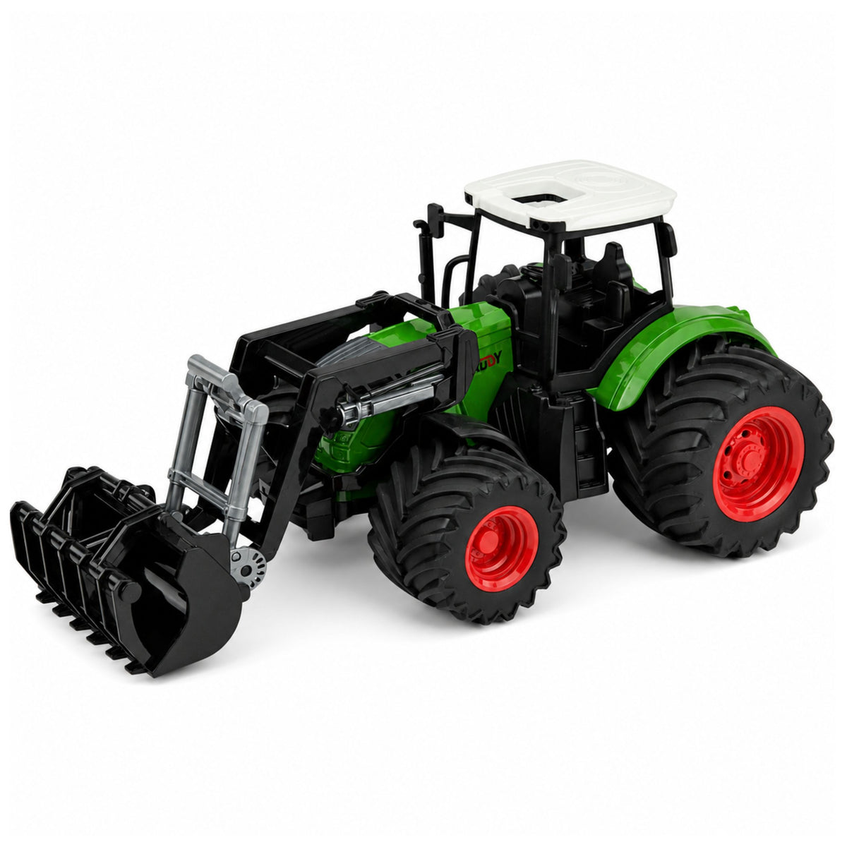 Mezőgazdasági traktor homlokrakodó gumikerekekkel, zöld 1:24
