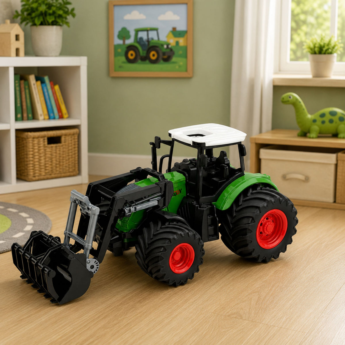 Mezőgazdasági traktor homlokrakodó gumikerekekkel, zöld 1:24