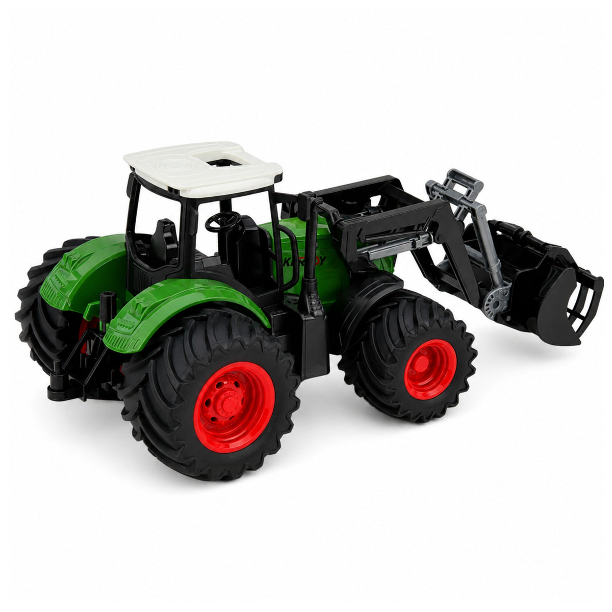 Mezőgazdasági traktor homlokrakodó gumikerekekkel, zöld 1:24