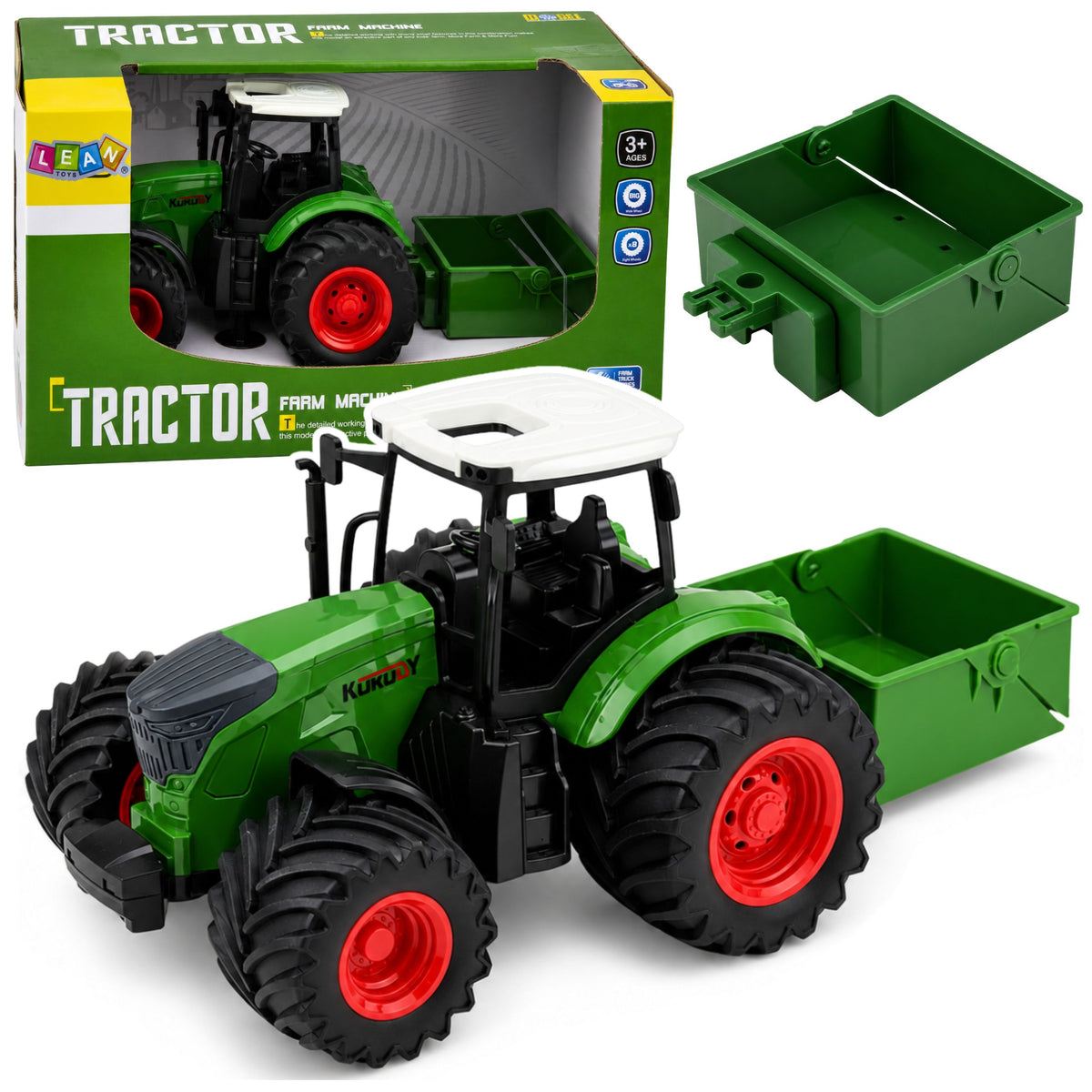 Landwirtschaftlicher Ackerschlepper mit Düngerstreuer, Gummiräder, grün, Maßstab 1:24