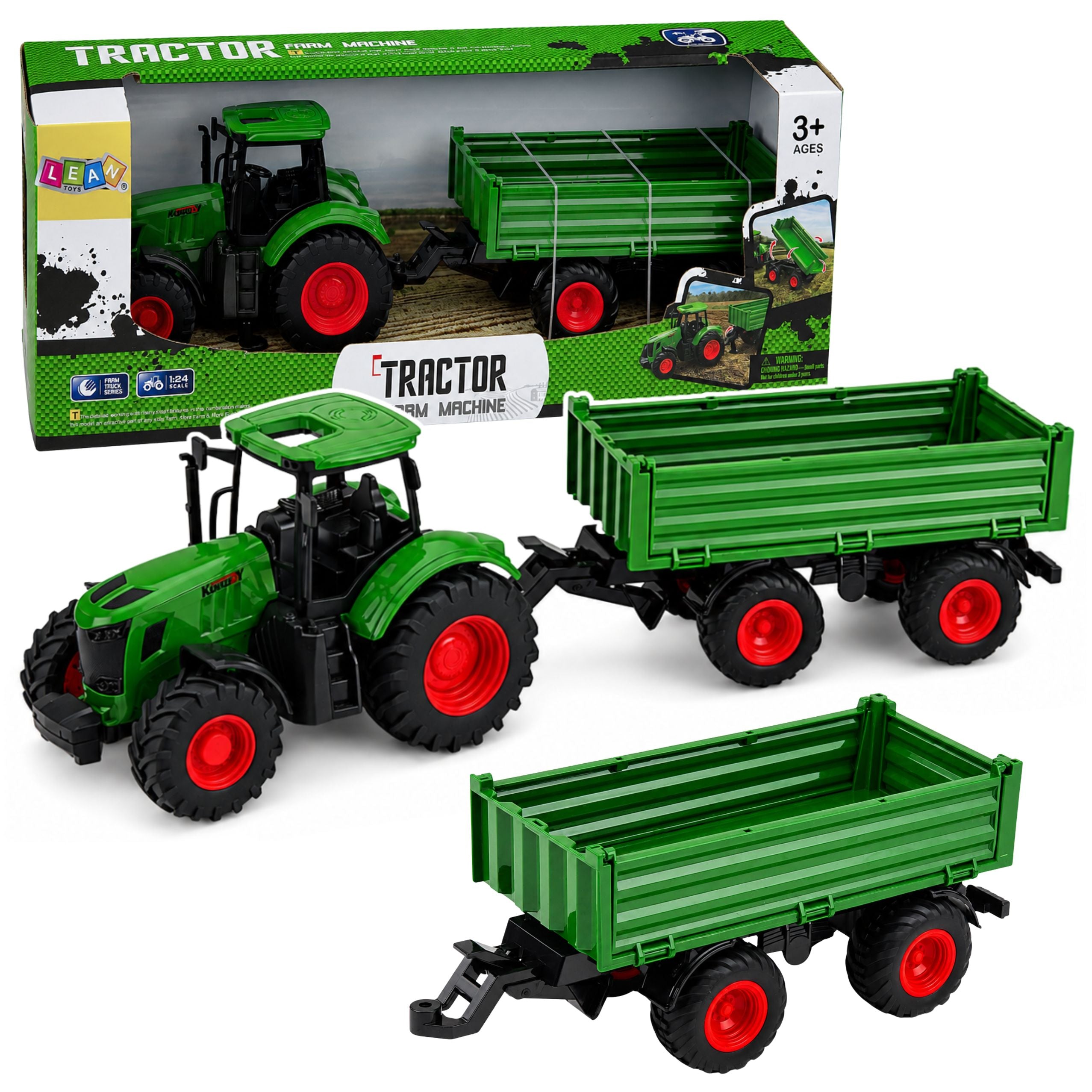 Agricultural Farm Tractor With Tipper Trailer Rubber Wheels Green 1:24