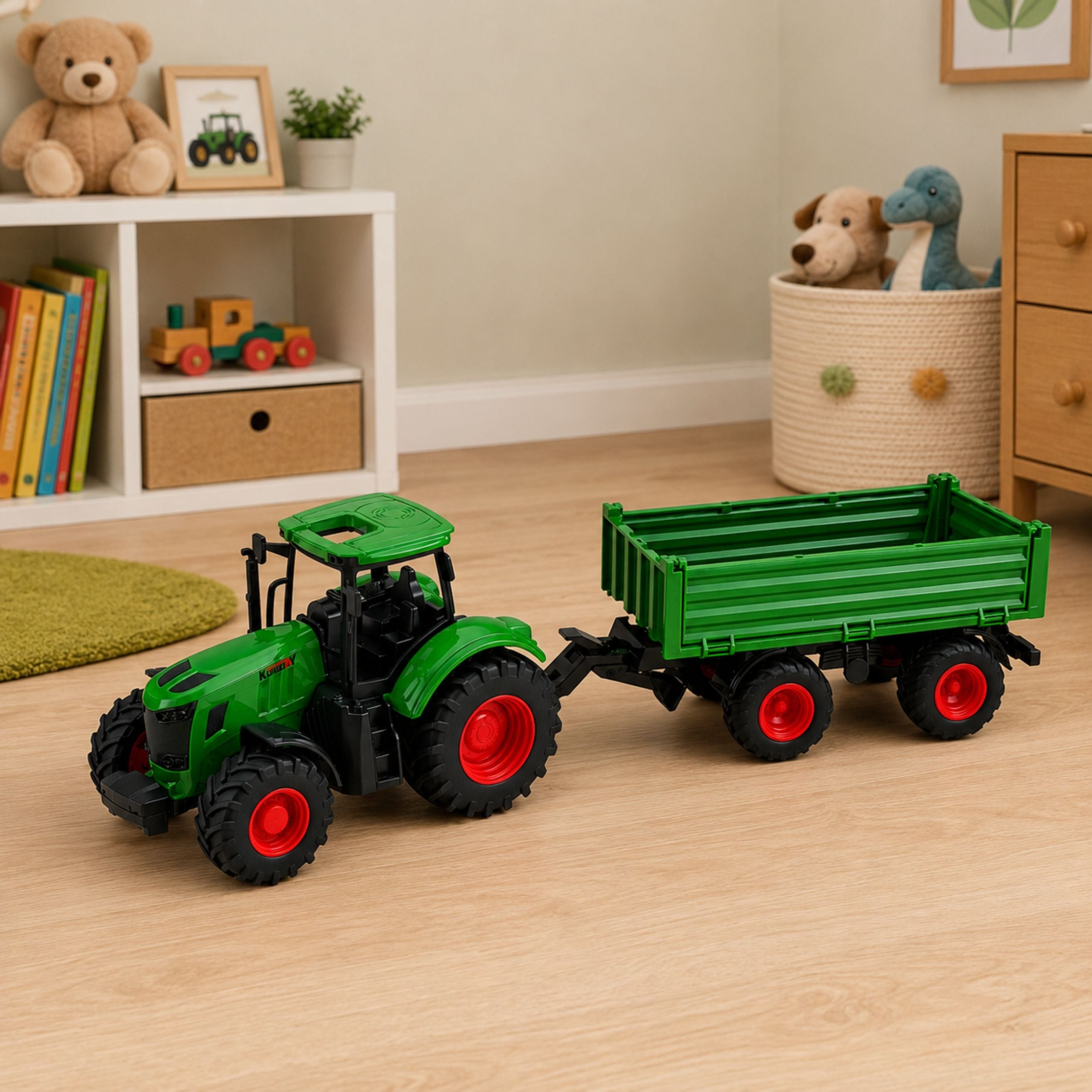 Agricultural Farm Tractor With Tipper Trailer Rubber Wheels Green 1:24