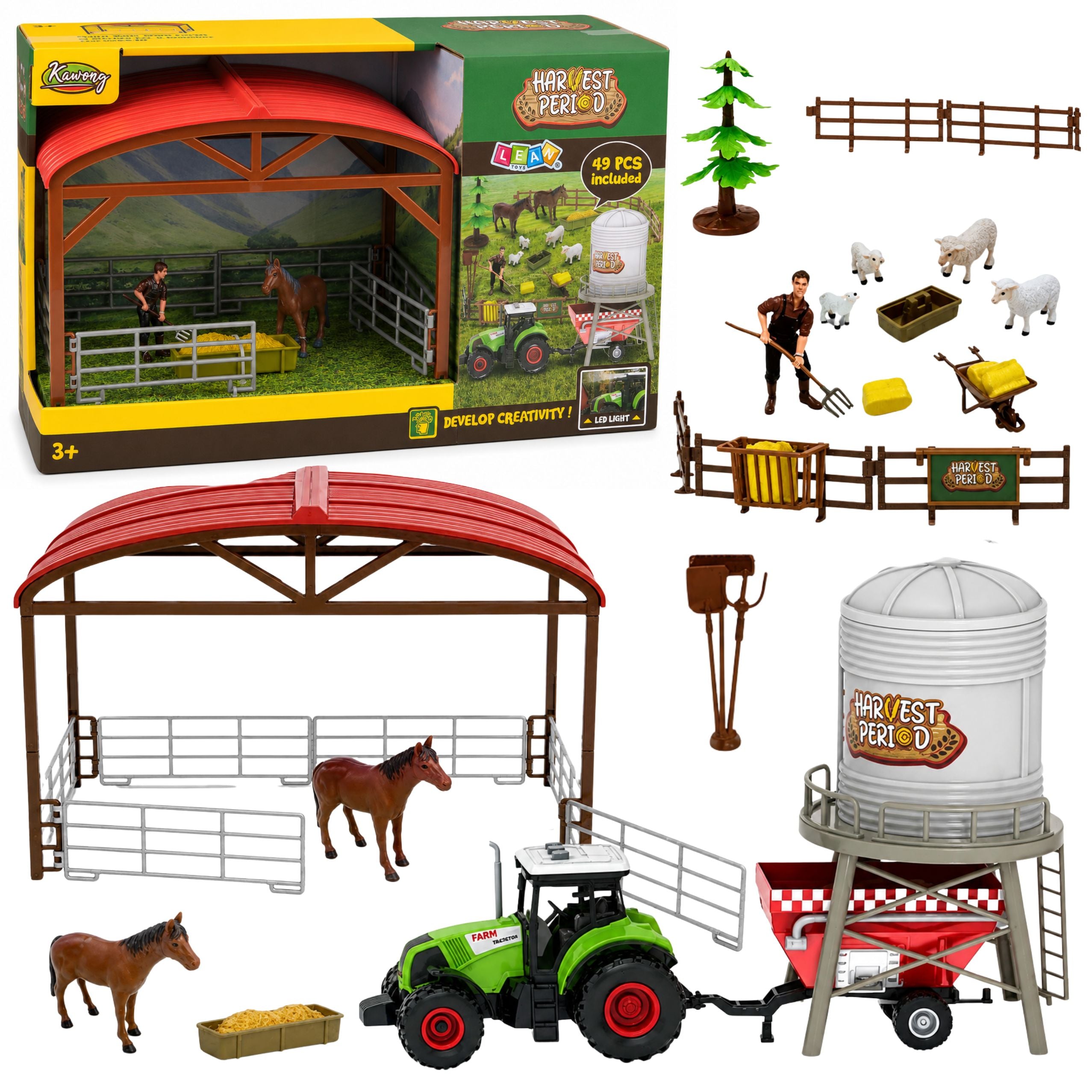 Farm Set With Tractor Stable Silo Figures Animals Tools 49 Pcs.