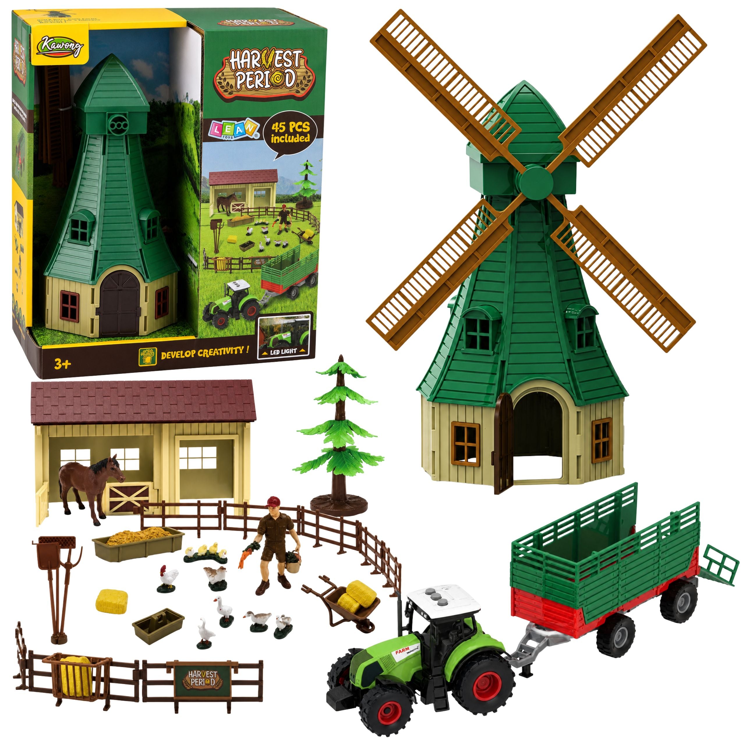 Farm Set With Tractor Windmill Stable Trailer And Animal Figures 45 Pieces.