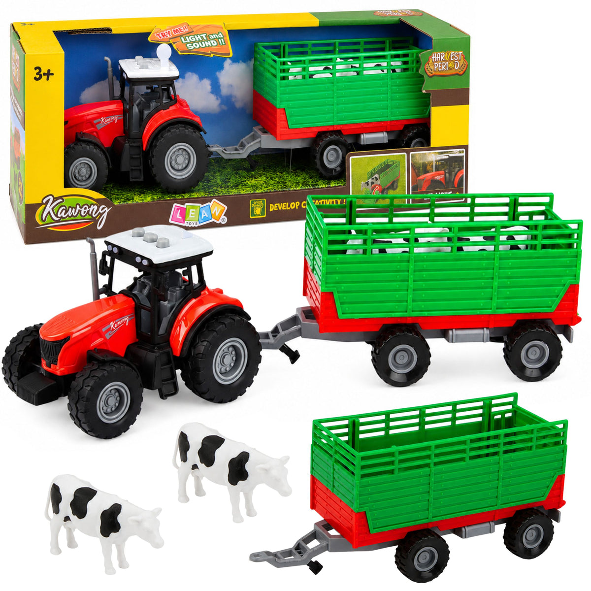 Trattore Con Rimorchio Per Il Trasporto Di Animali Figure Di Mucca Luci Suoni 4 Pz.