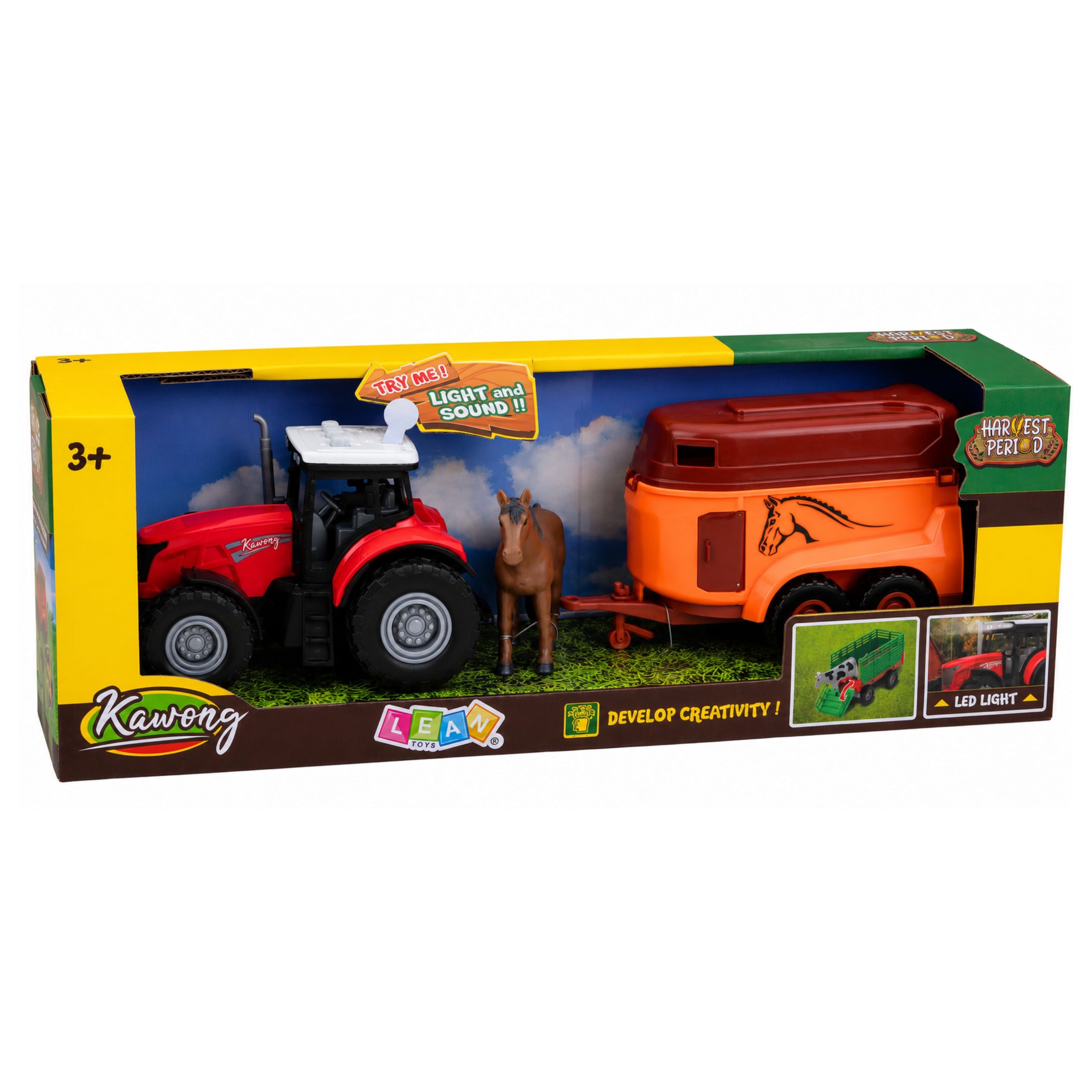 Tractor With Trailer For Transporting Horse Figurine Lights Sounds 3 Pcs.