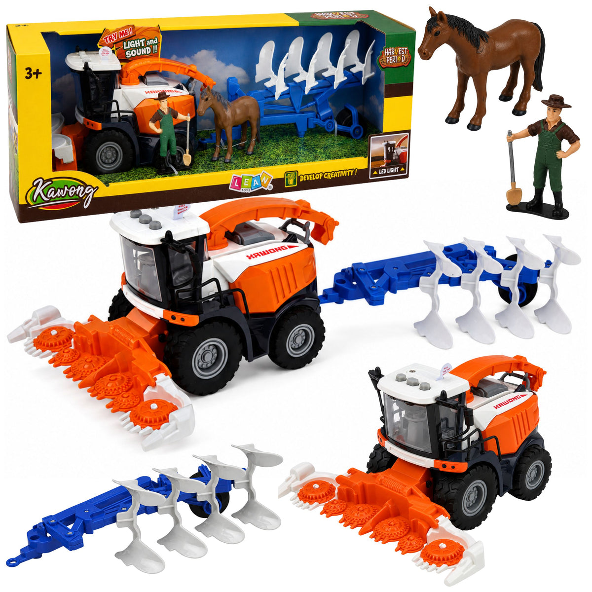Landwirtschaftlicher Mähdrescher mit Schneidwerk und Pflug, Bauernfiguren, Pferd, Lichter, Geräusche, 4-tlg.