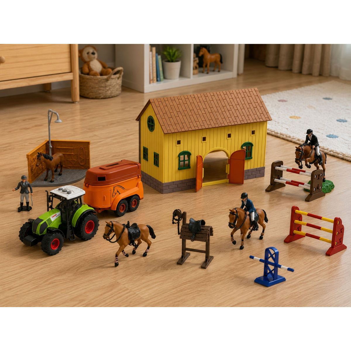 Ensemble ferme haras tracteur agricole parcours d'obstacles sauts collines chevaux figurines 72 pièces.