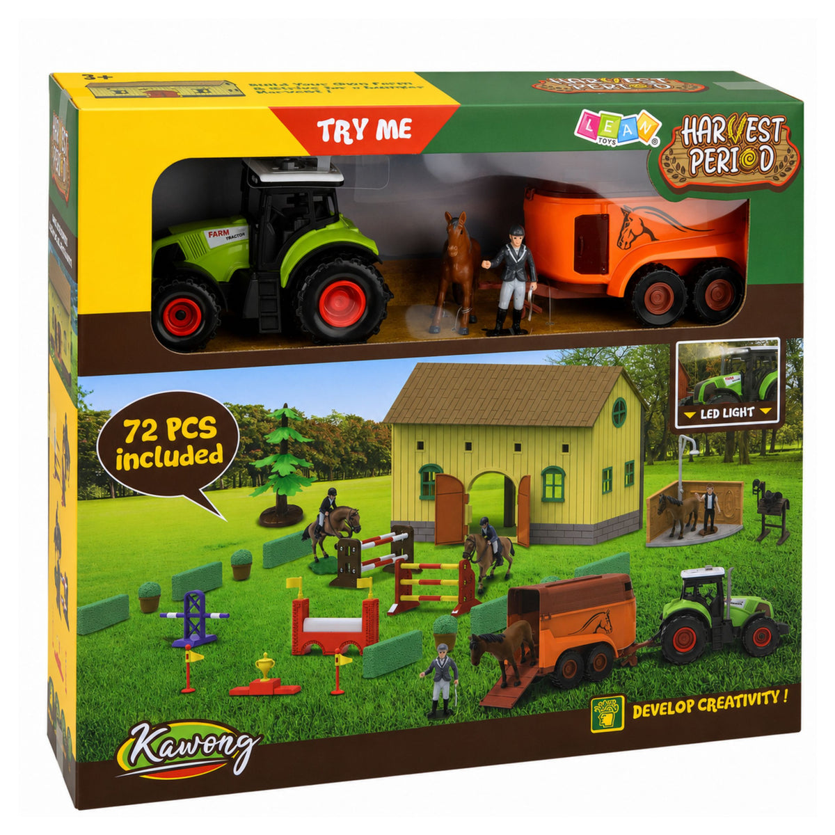 Ensemble ferme haras tracteur agricole parcours d'obstacles sauts collines chevaux figurines 72 pièces.