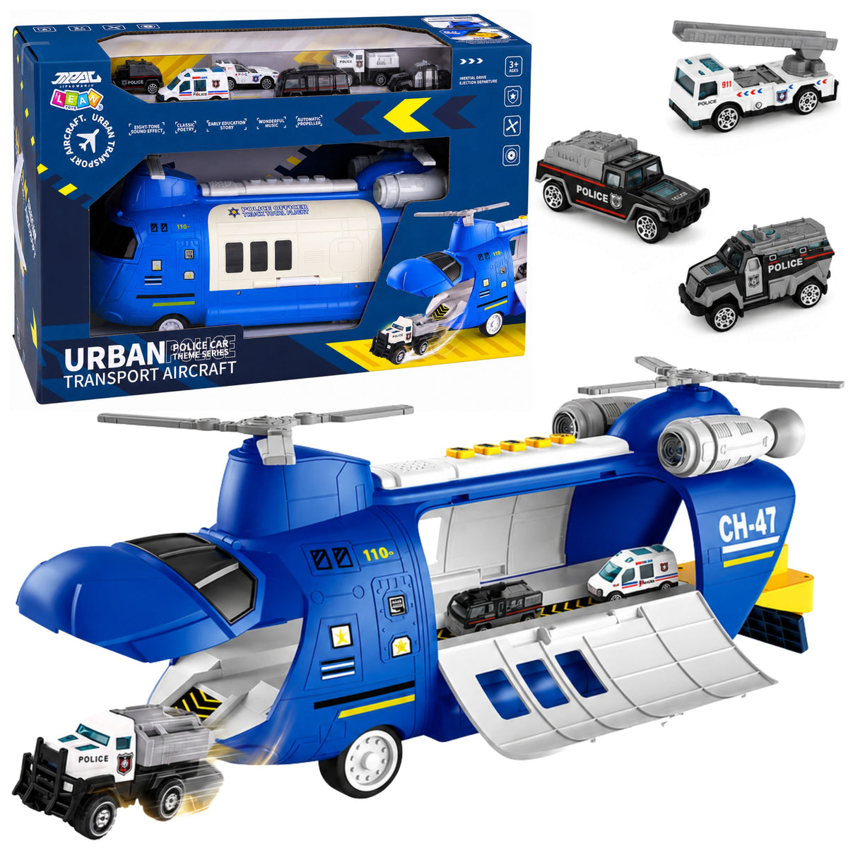 Foldable Police Transport Plane With Vehicles Lights Sounds