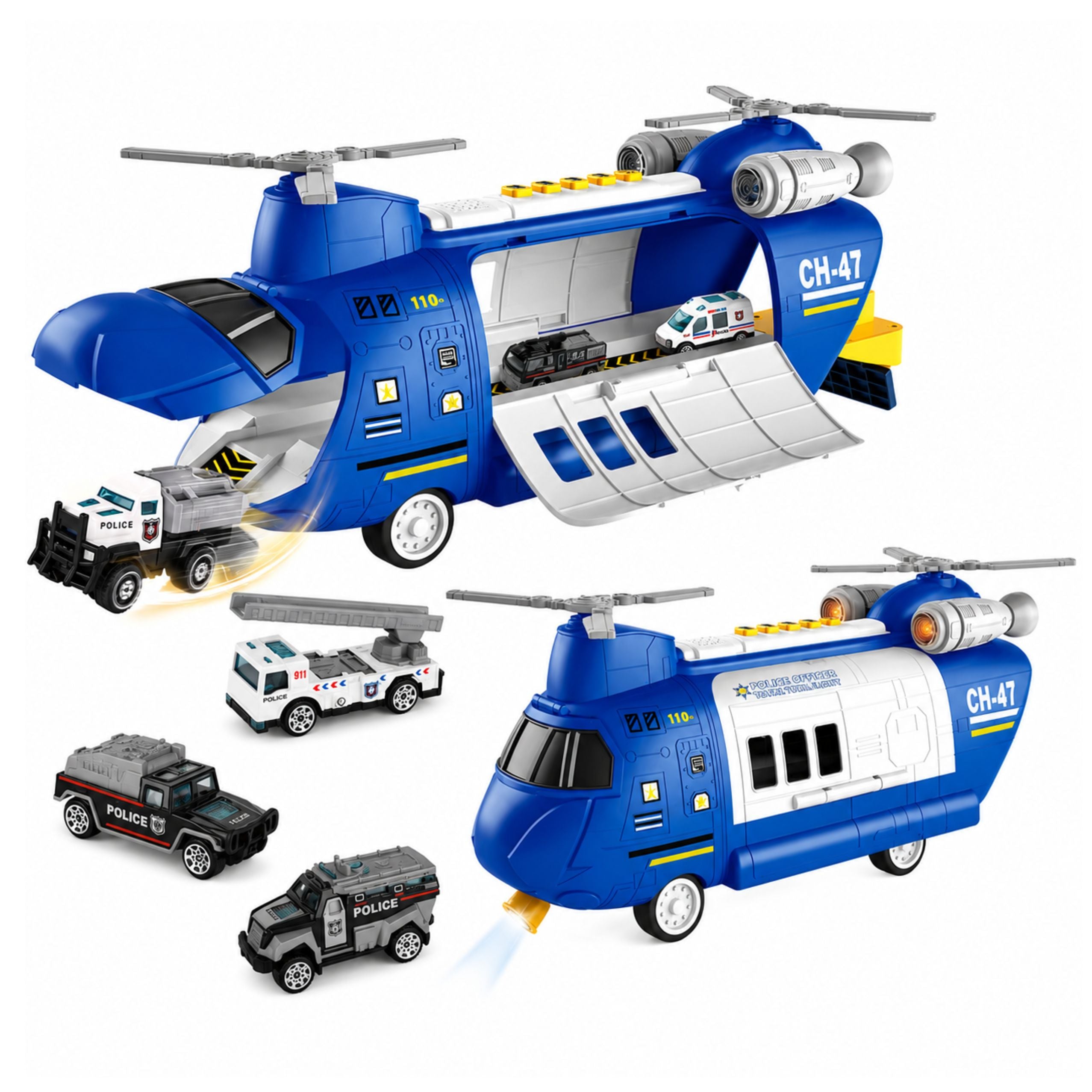 Foldable Police Transport Plane With Vehicles Lights Sounds