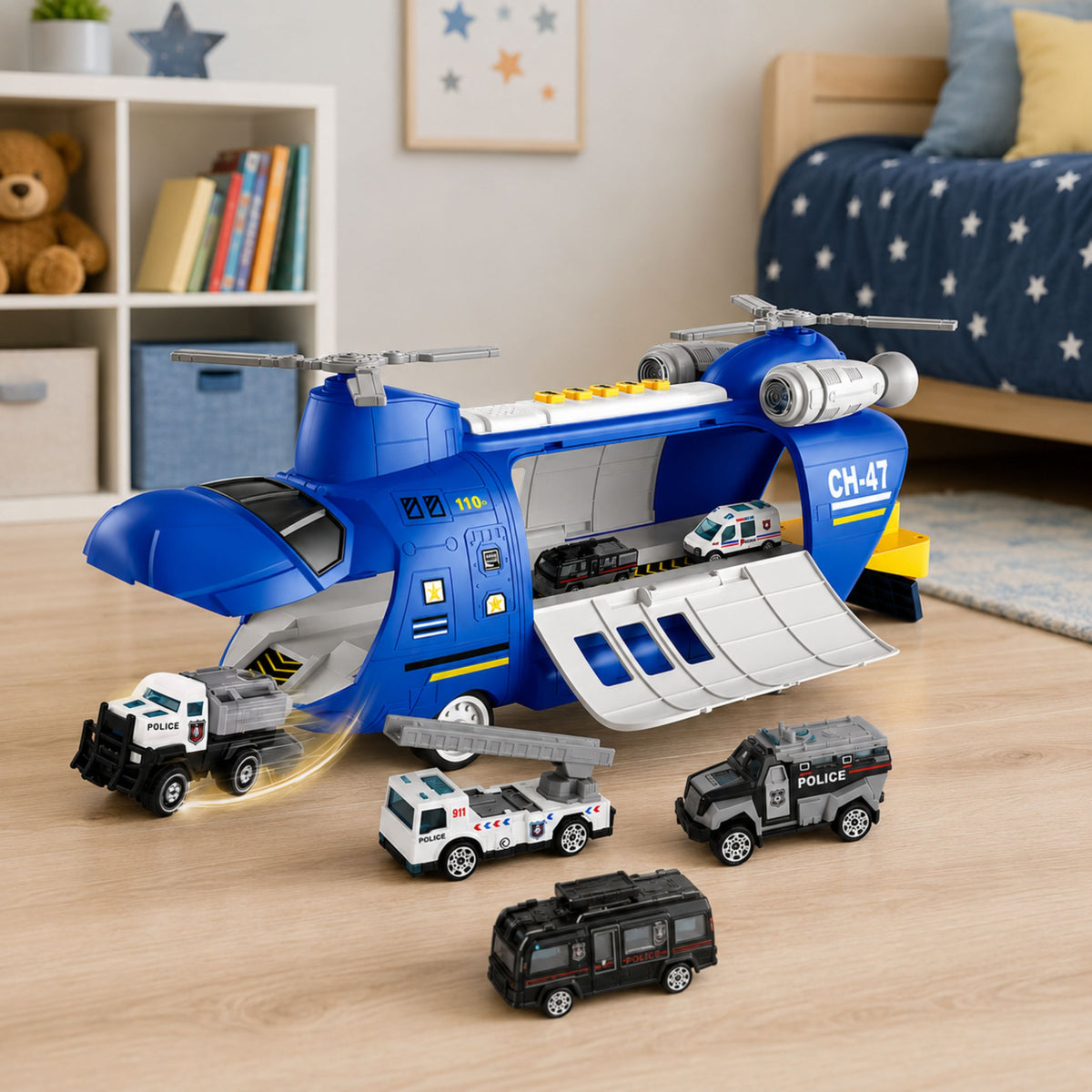 Foldable Police Transport Plane With Vehicles Lights Sounds