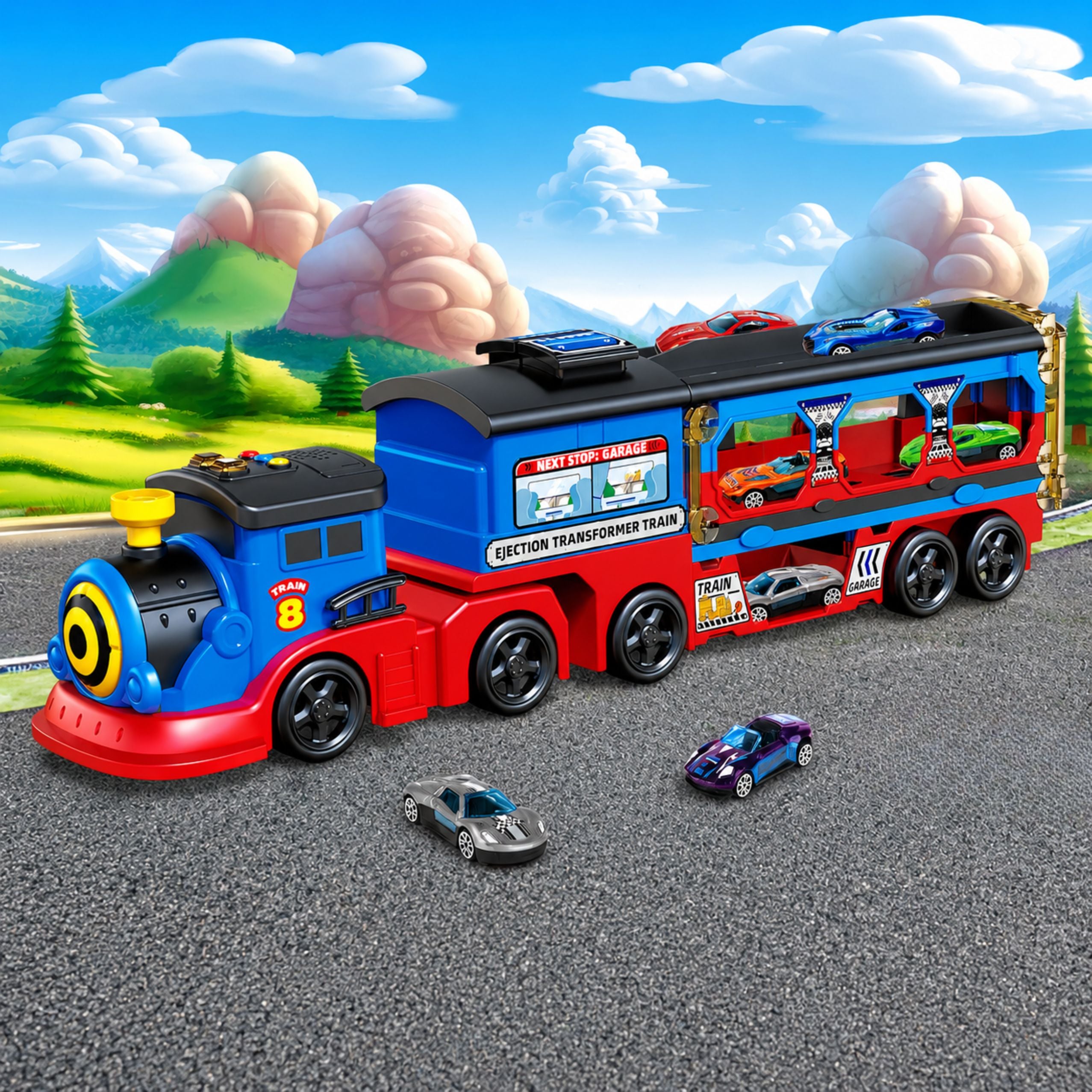 Locomotive Transporter With Cars Track Launcher Ramp Lights Sounds