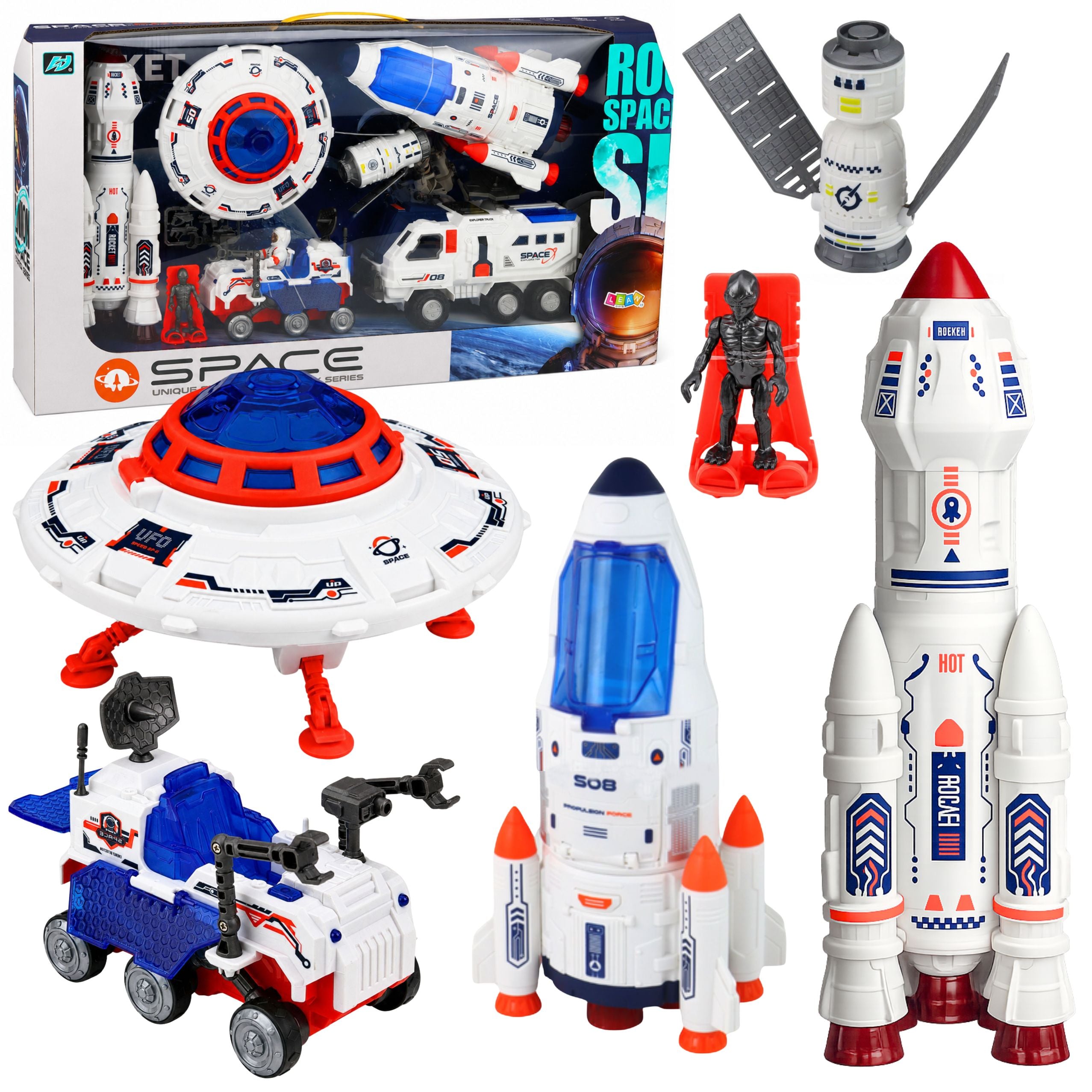 Large Space Set Ufo Rockets Rover Vehicles Ship Alien 8 Pcs.