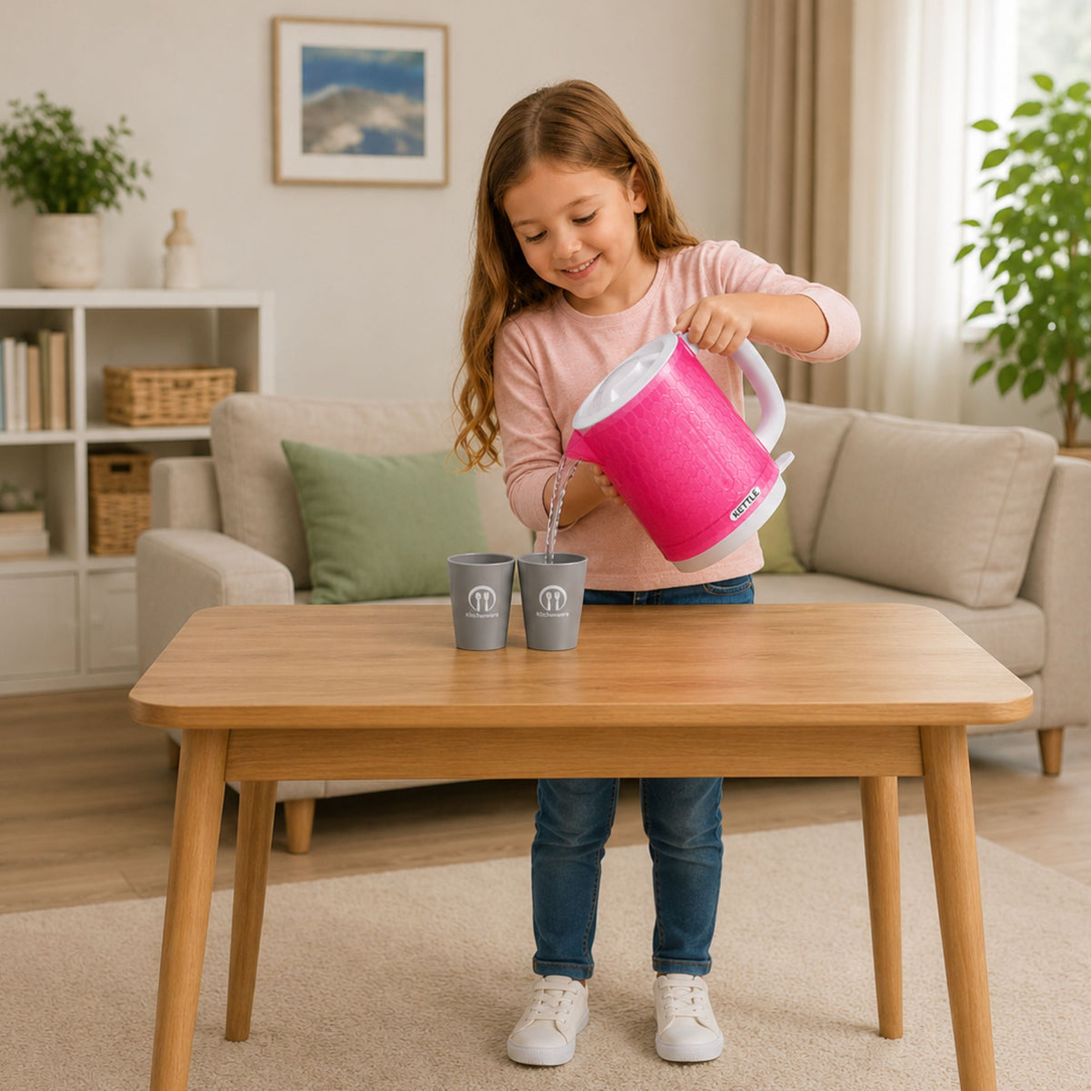 Bouilloire pour enfants avec tasses, sons de cuisine, lumières rose