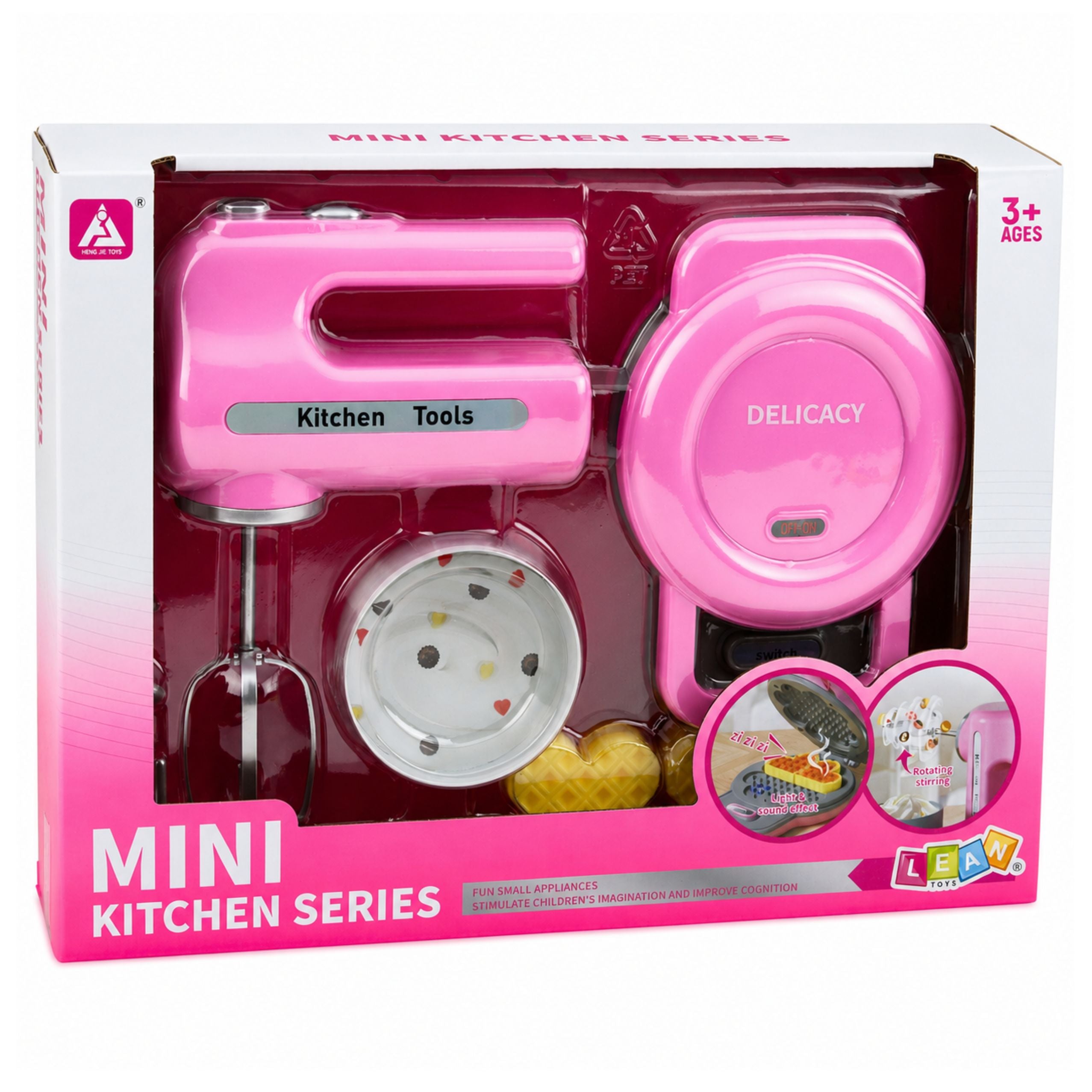 Kitchen Set Waffle Maker Mixer Interchangeable Tips Lights Sounds Pink