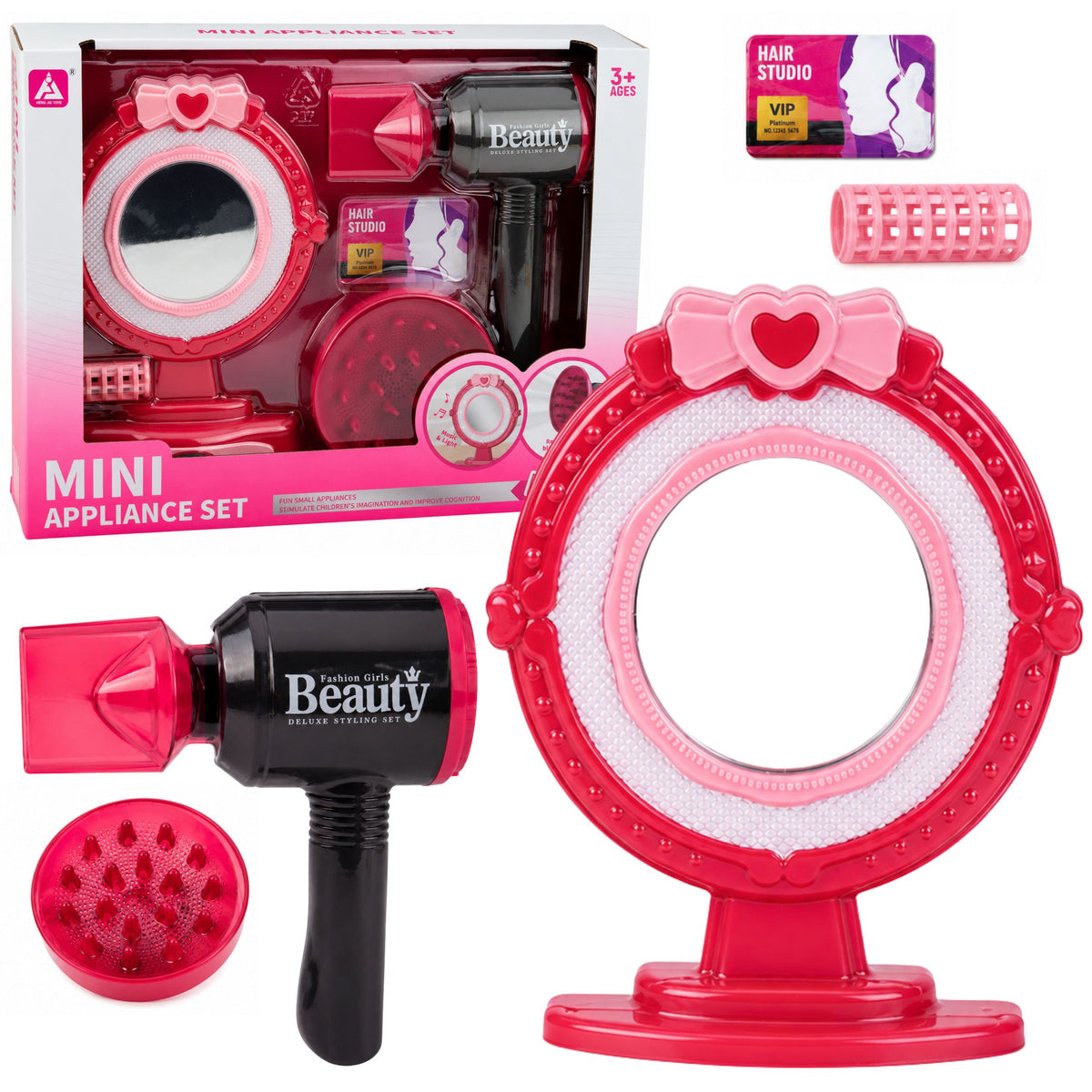Hair Styling Set Hairdryer Mirror Lights Sounds Accessories