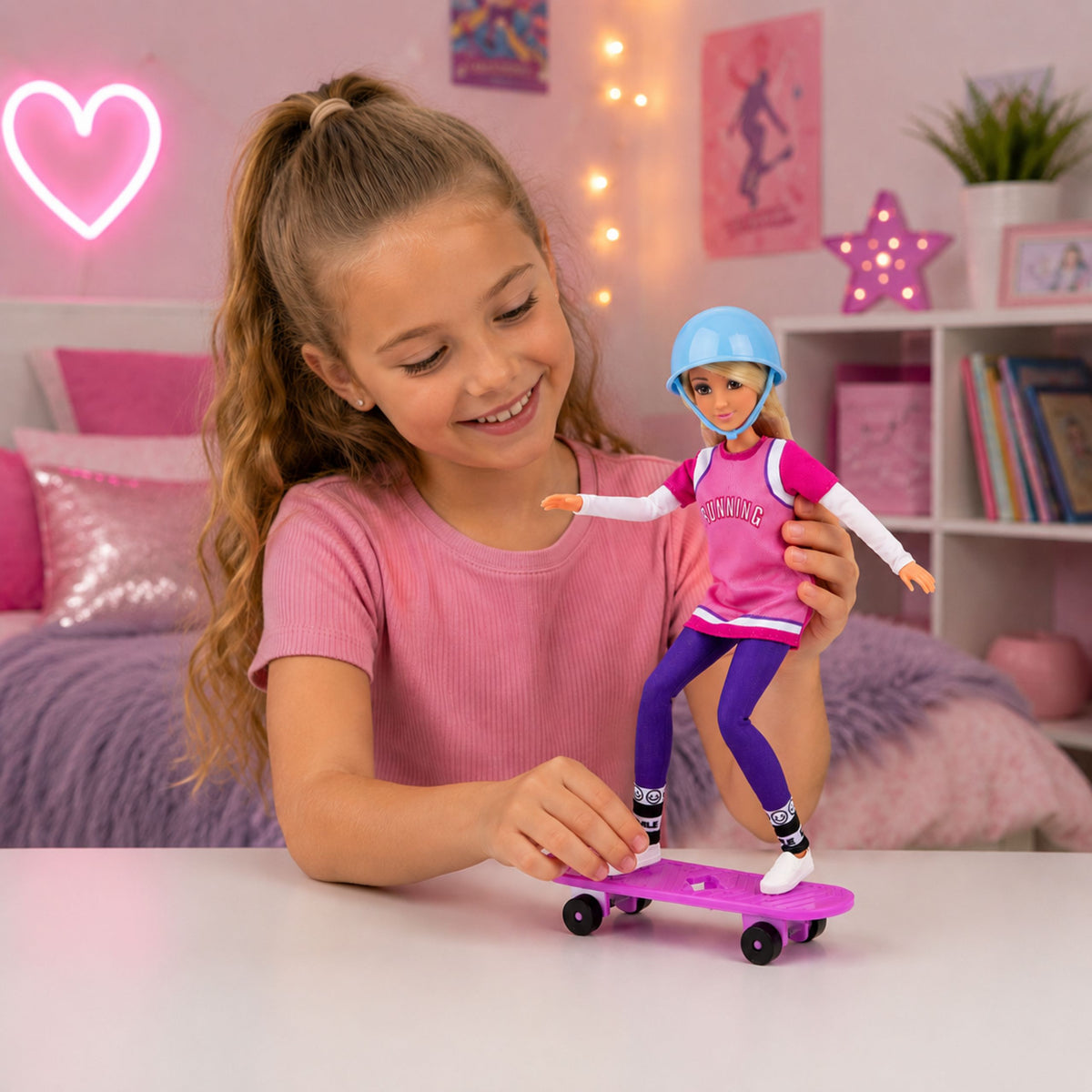 Súprava bábiky Anlily s fialovou skateboardovou prilbou a dlhou mikinou