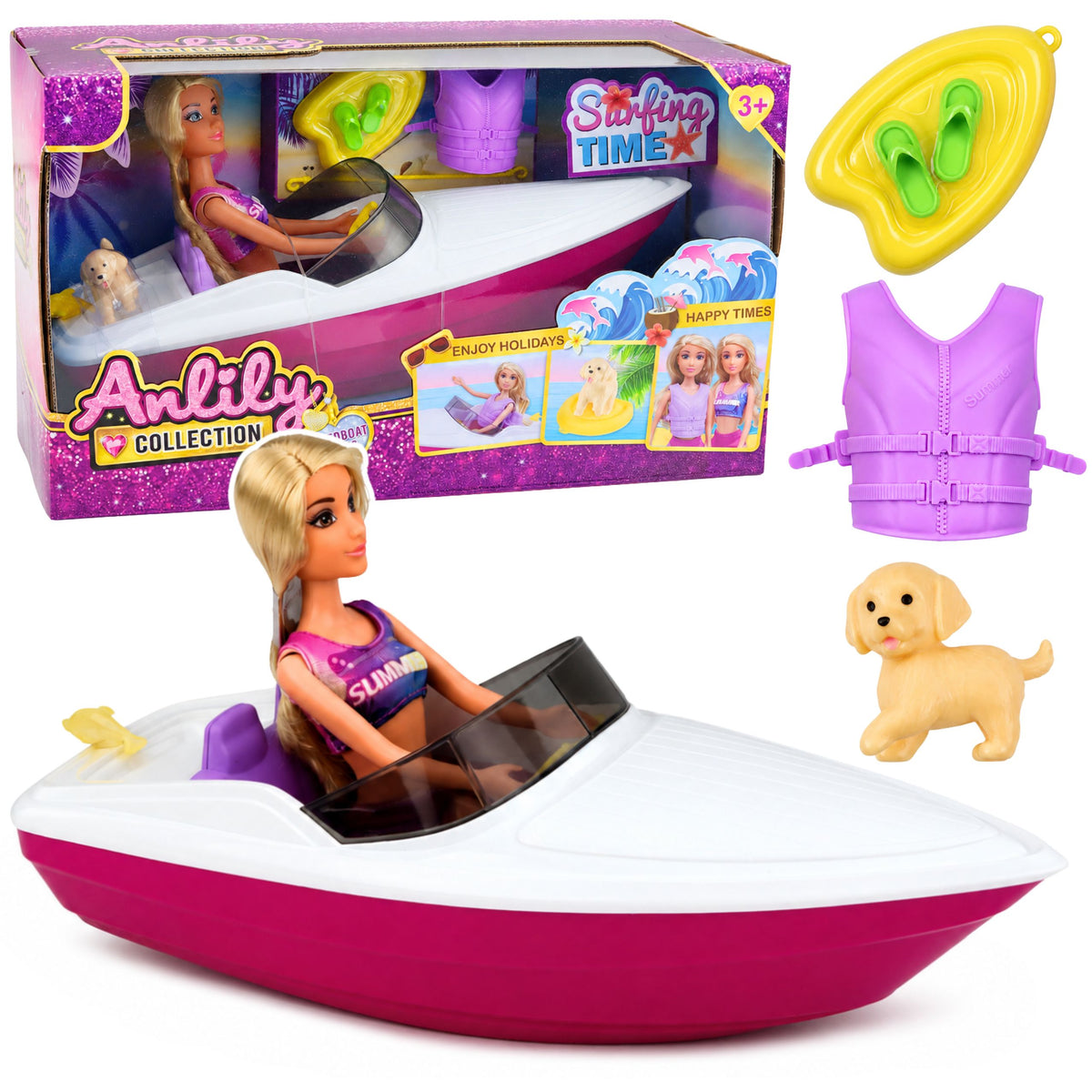 Anlily Poupée dans un bateau à moteur pour chien et chiot, ensemble d'accessoires de planche