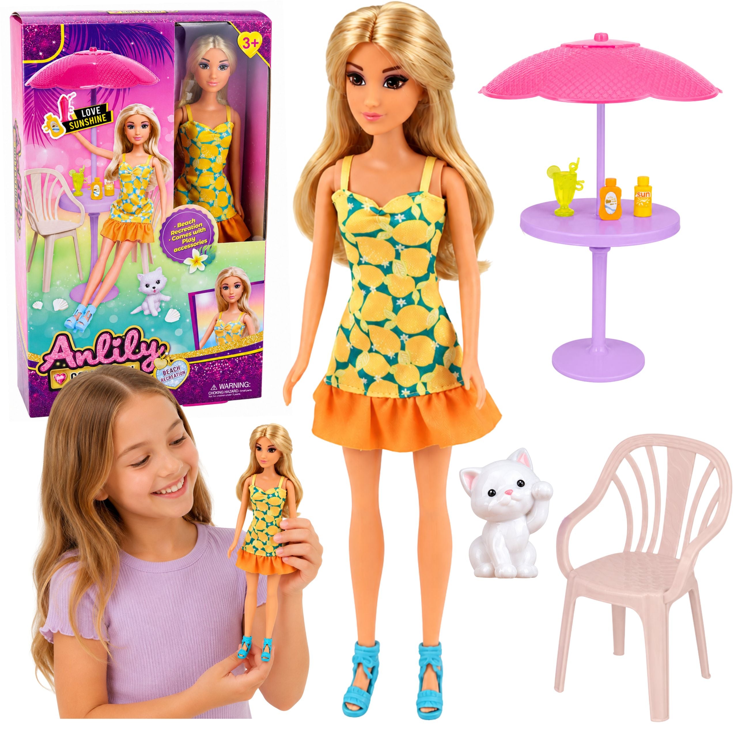 Anlily Doll In Yellow Dress With Kitten Garden Furniture Umbrella Accessories