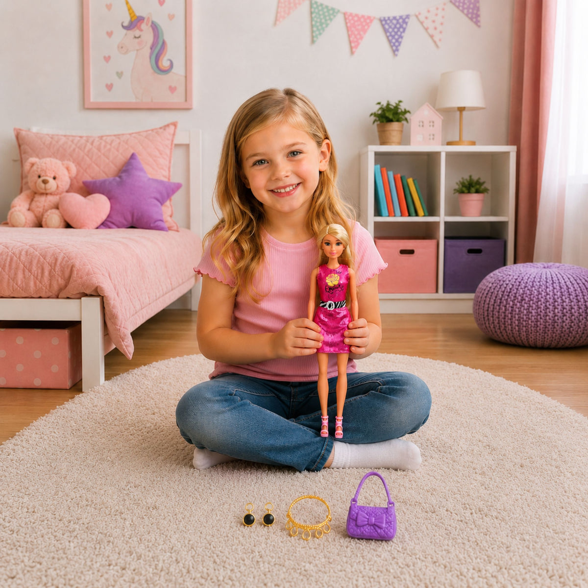 Anlily Doll In Pink Dress Purse Jewelry Accessories Set