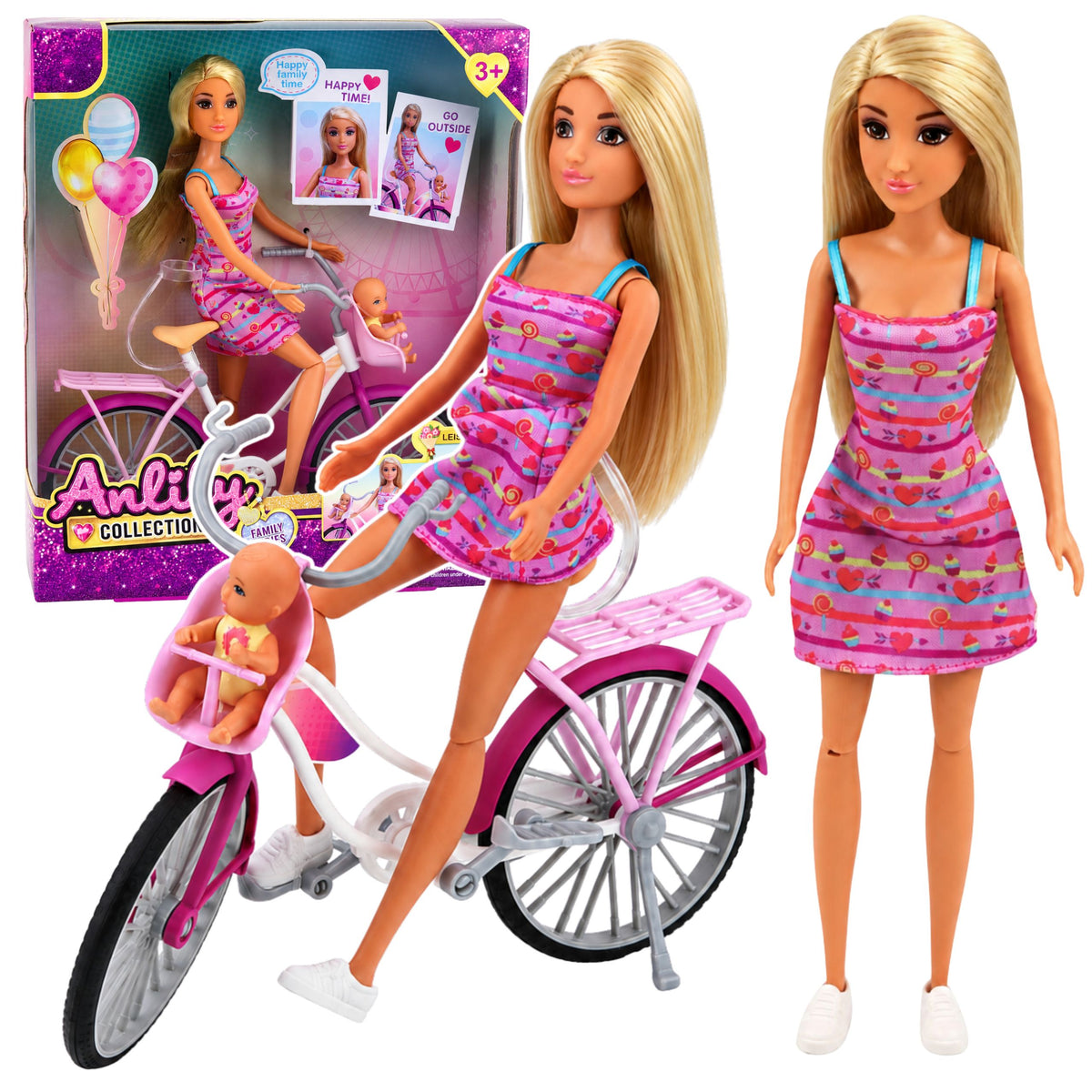 Poupée Anlily en robe rose avec ensemble vélo et siège bébé