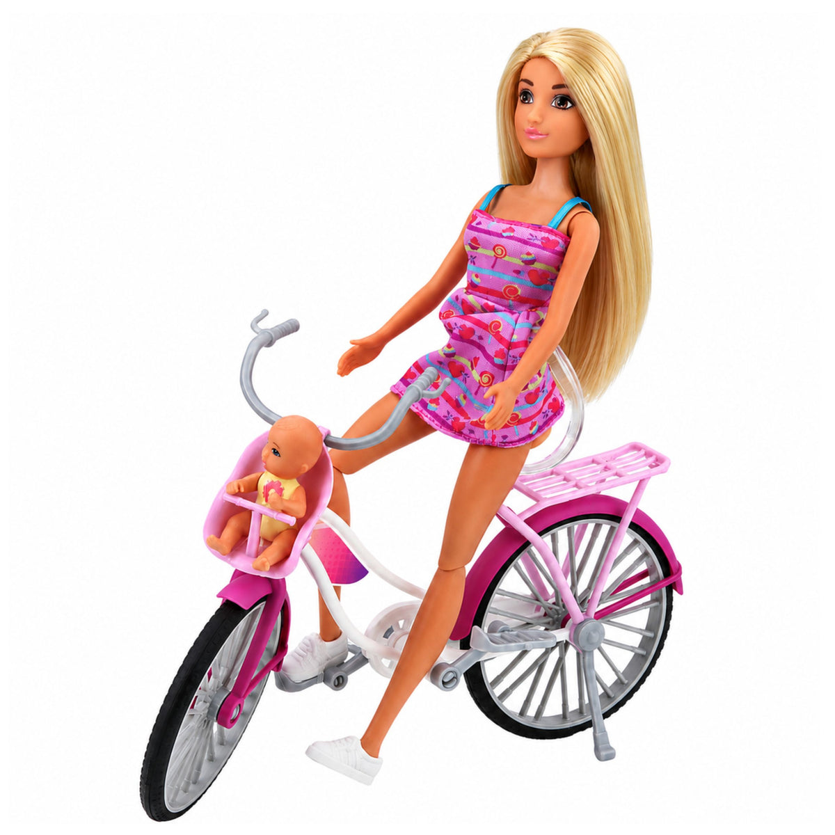 Poupée Anlily en robe rose avec ensemble vélo et siège bébé