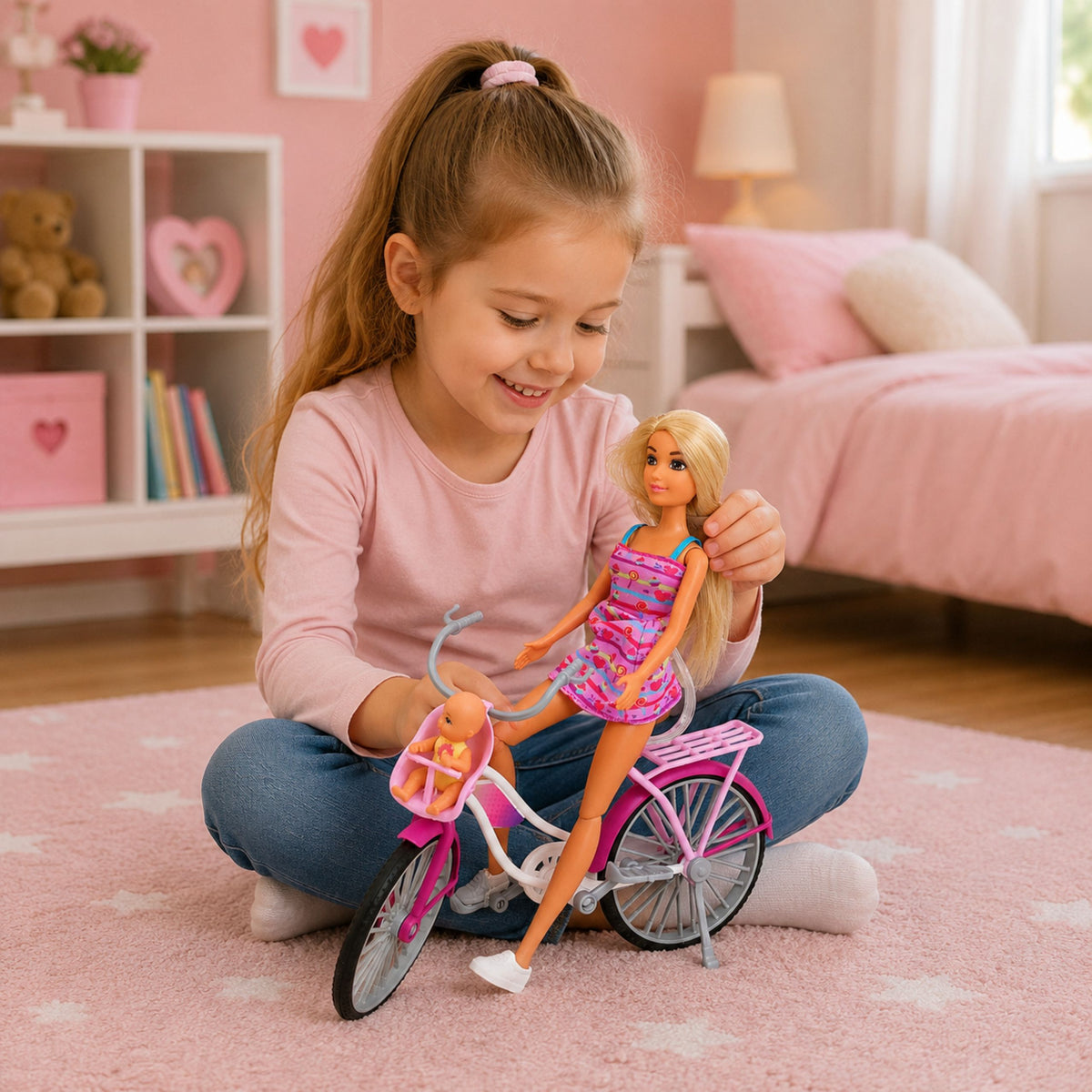 Poupée Anlily en robe rose avec ensemble vélo et siège bébé