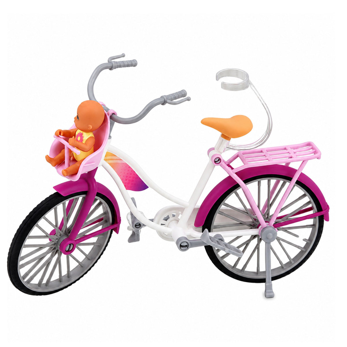 Poupée Anlily en robe rose avec ensemble vélo et siège bébé