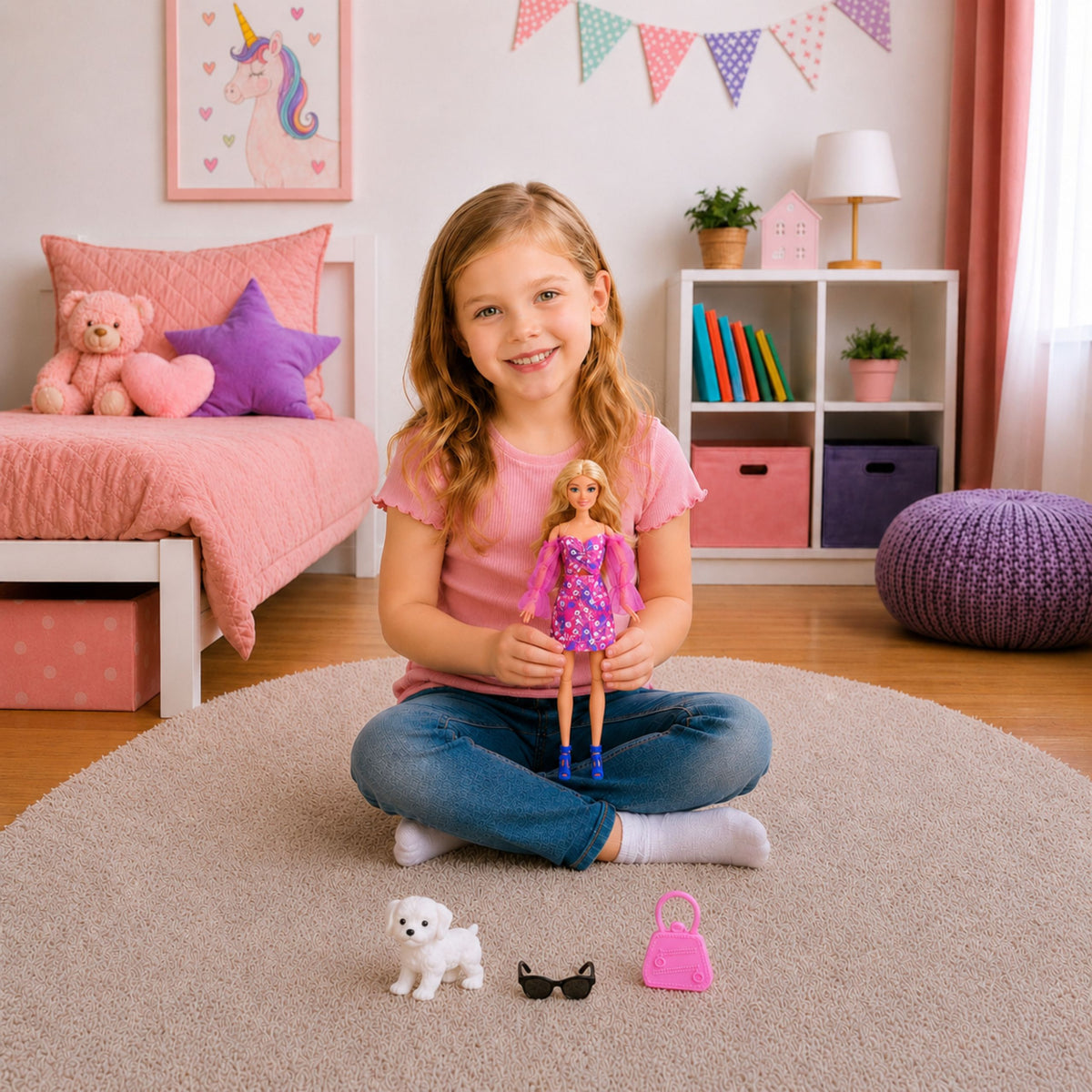 Anlily Fashion Doll In Pink Dress White Dog Purse Glasses Set