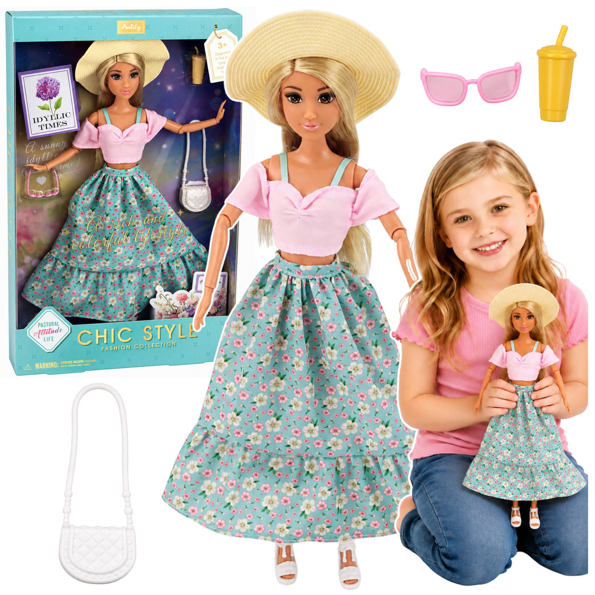 Anlily Fashion Doll con gonna e cappello, set di accessori per tazze