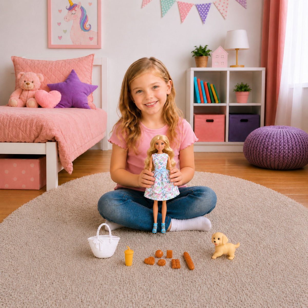 Anlily Doll With Dog Floral Dress Bag Snacks Accessories Set